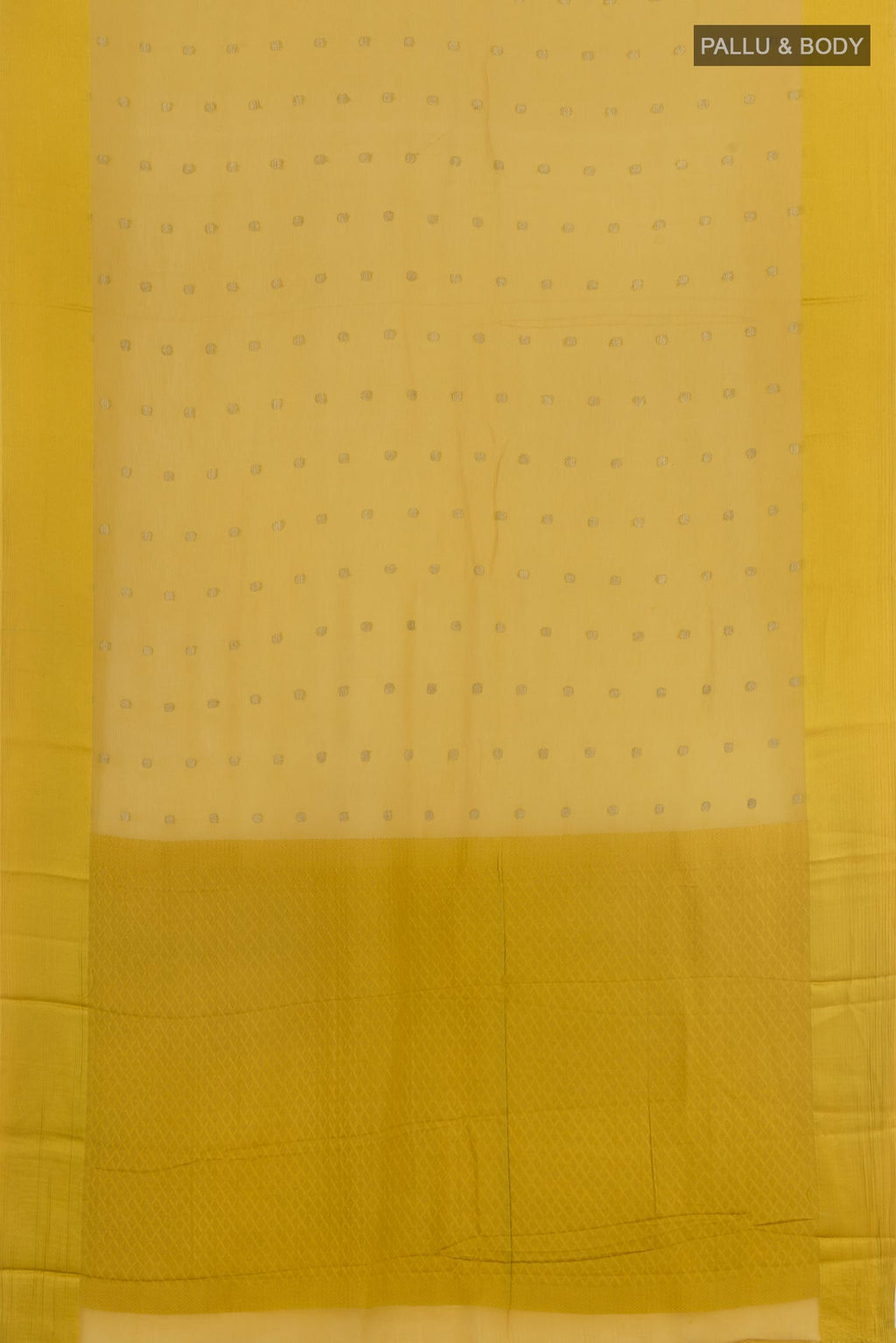 Flat view of Yellow Mysore Chiffon Saree with Zari Butta on the body and Zari Border. 