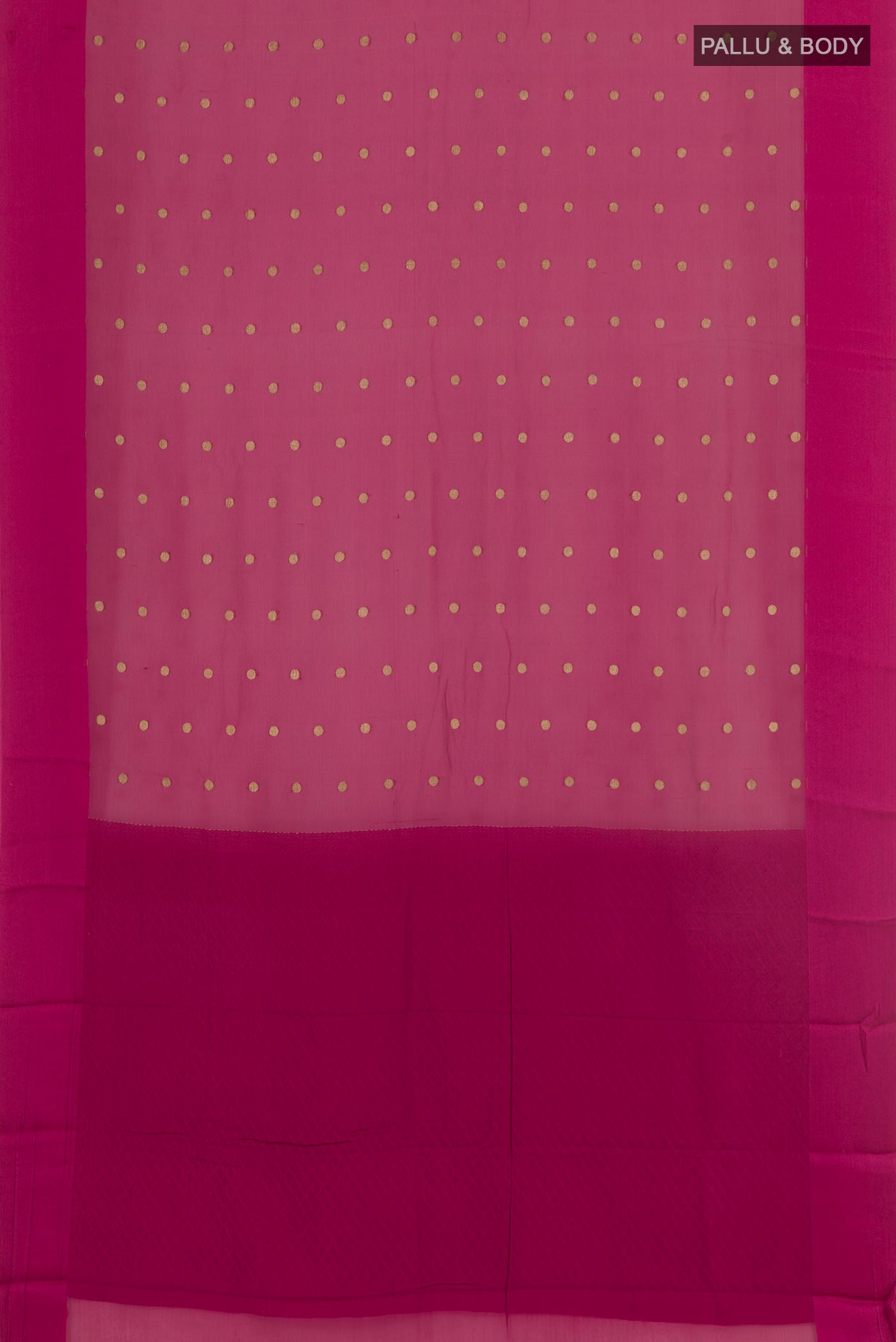 Flat view of Pink Mysore Chiffon Saree with Zari Butta on the body and Zari Border. 