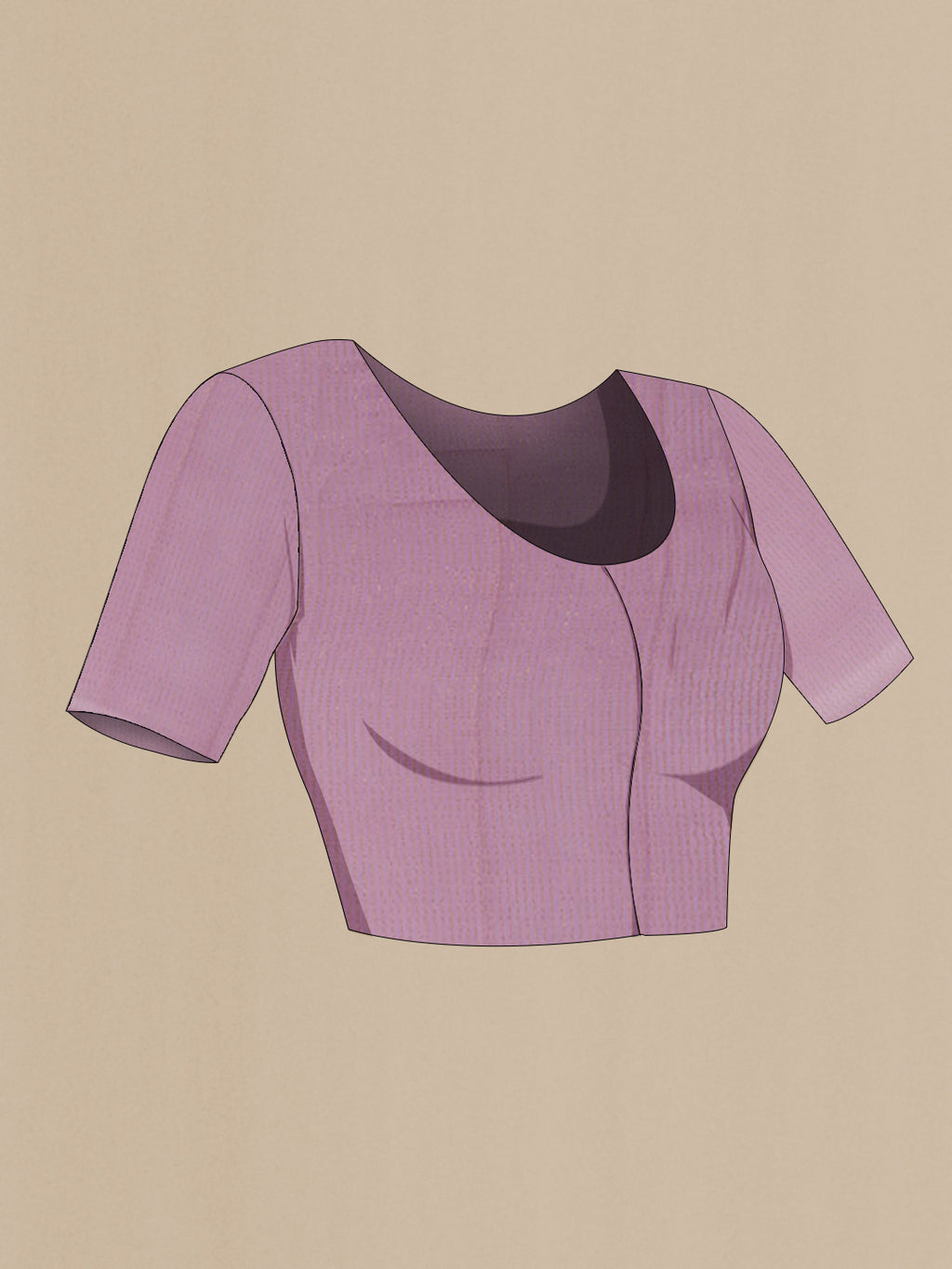 Close up image of the blouse of Lavender Mysore Chiffon Saree with Stripes on the body and Zari Border. 