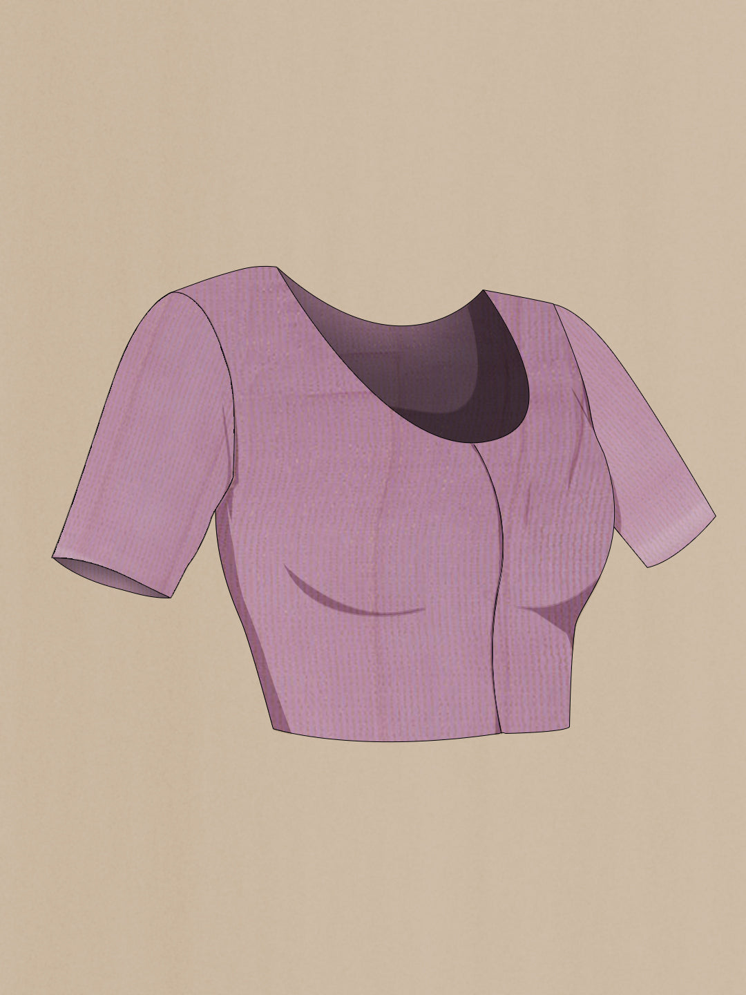 Close up image of the blouse of Lavender Mysore Chiffon Saree with Stripes on the body and Zari Border. 