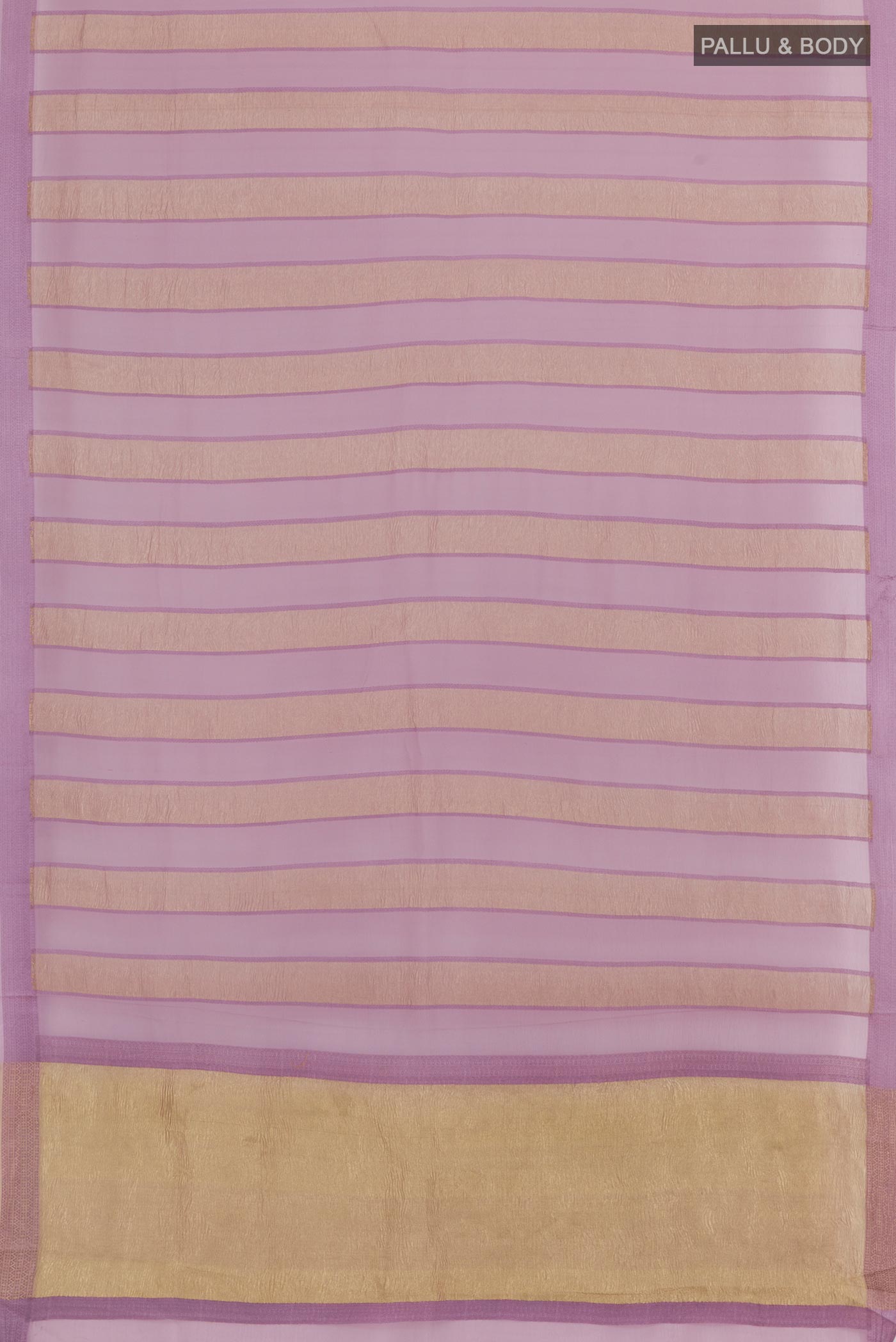 Flat view of Lavender Mysore Chiffon Saree with Stripes on the body and Zari Border. 