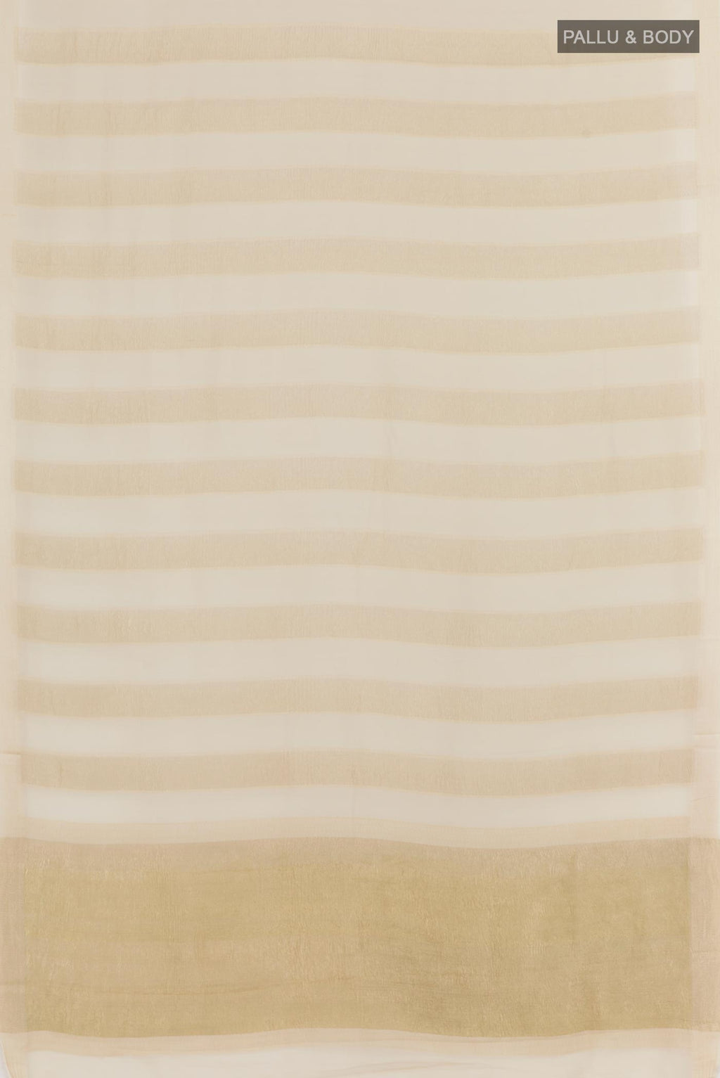 Flat view of Off White Mysore Chiffon Saree with Stripes on the body and Zari Border. 