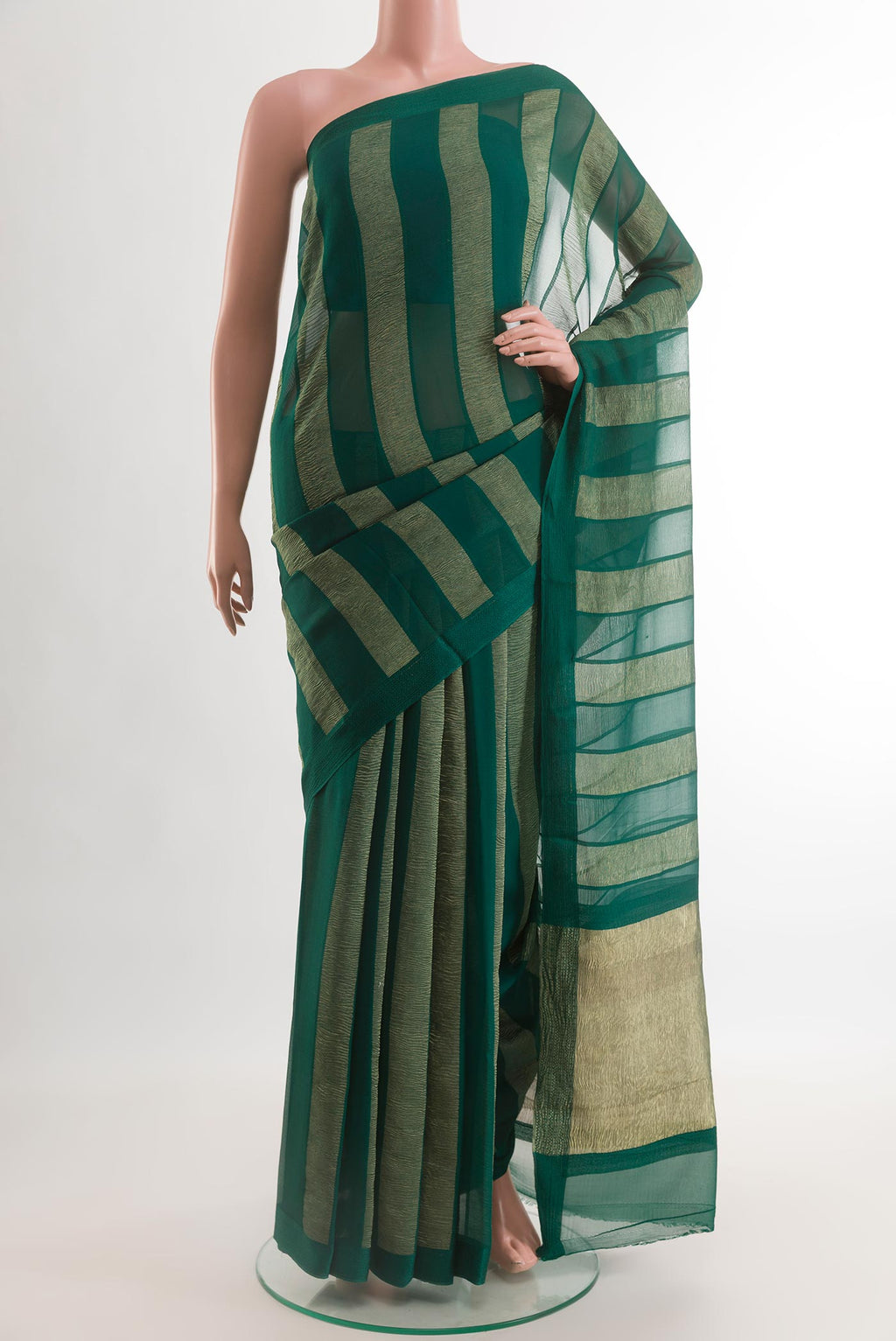 Green Mysore Chiffon Saree with Stripes on the body and Plain Border.  displayed on a mannequin