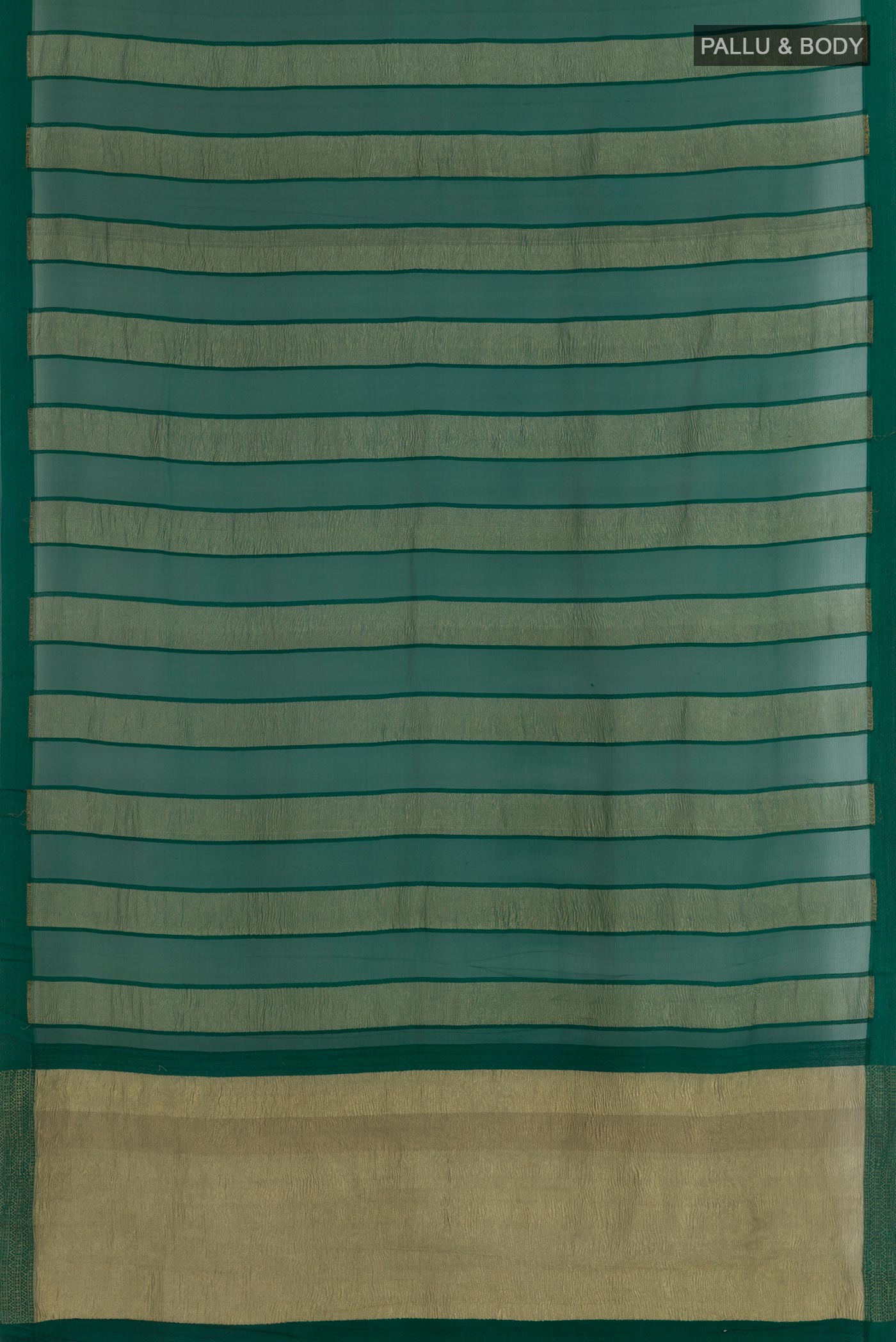 Flat view of Green Mysore Chiffon Saree with Stripes on the body and Plain Border. 