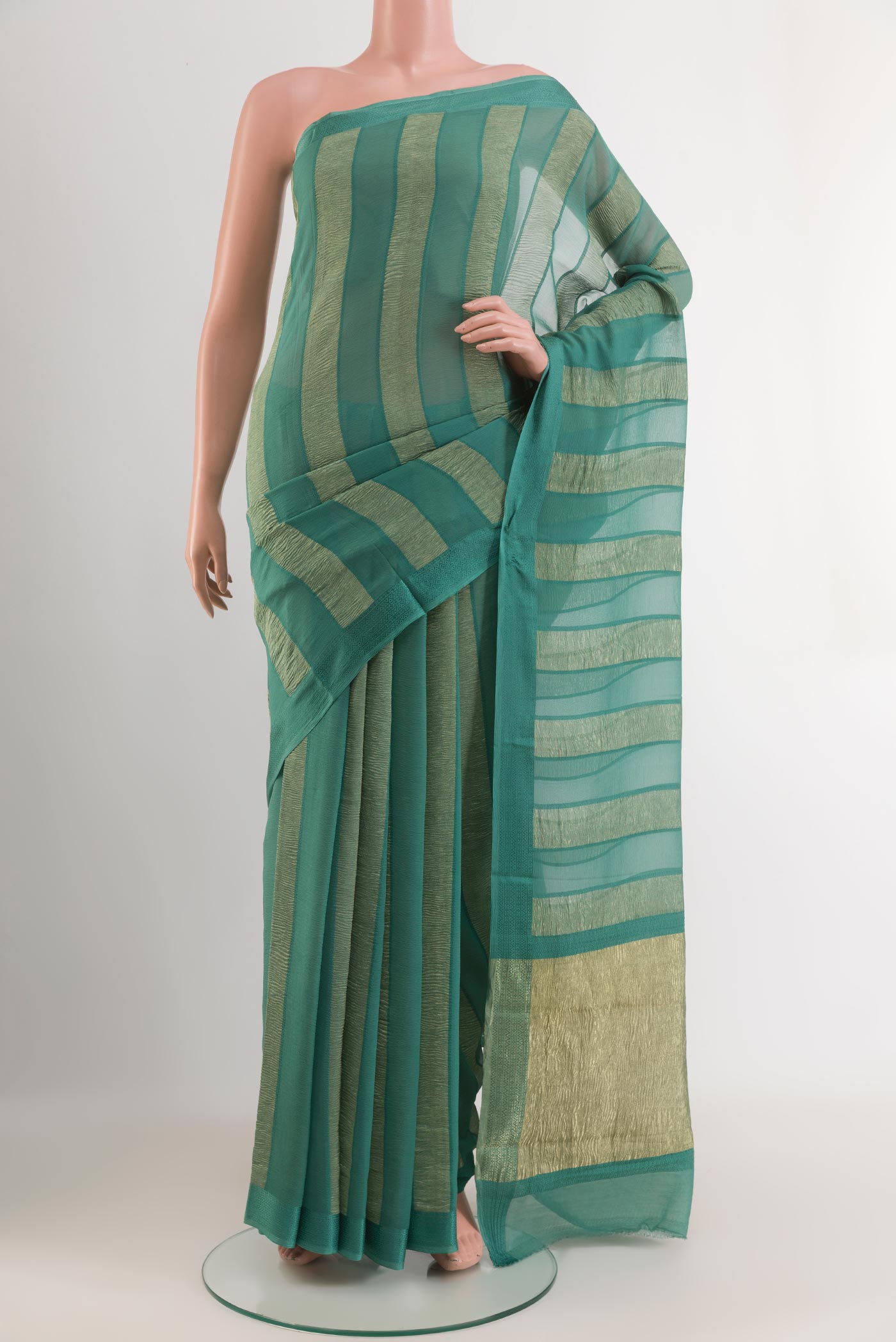 Blue Grey Mysore Chiffon Saree with Stripes on the body and Zari Border.  displayed on a mannequin