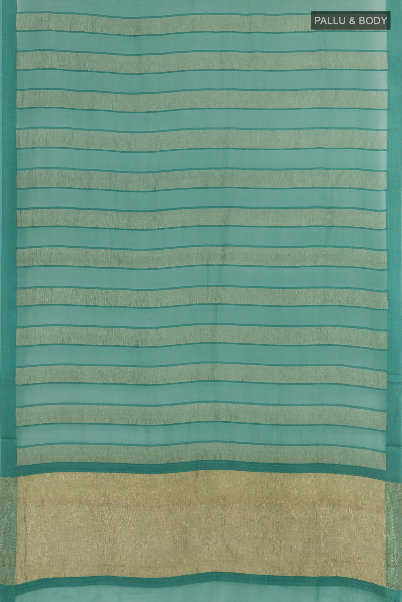 Flat view of Blue Grey Mysore Chiffon Saree with Stripes on the body and Zari Border. 