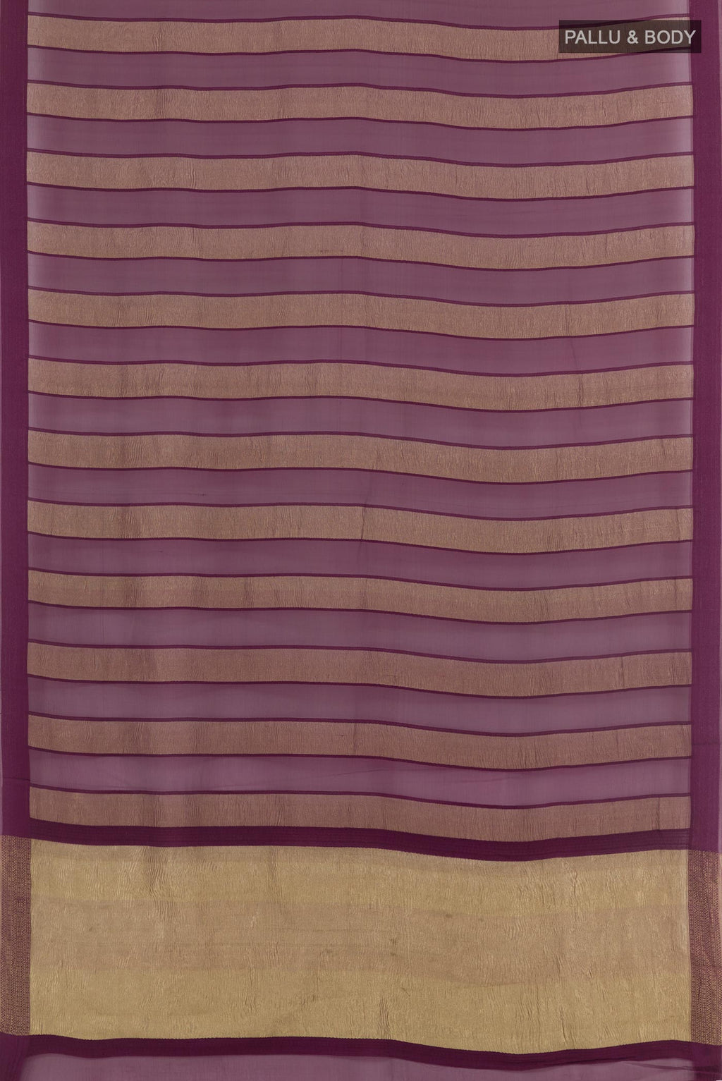 Flat view of Purple Mysore Chiffon Saree with Stripes on the body and Zari Border. 