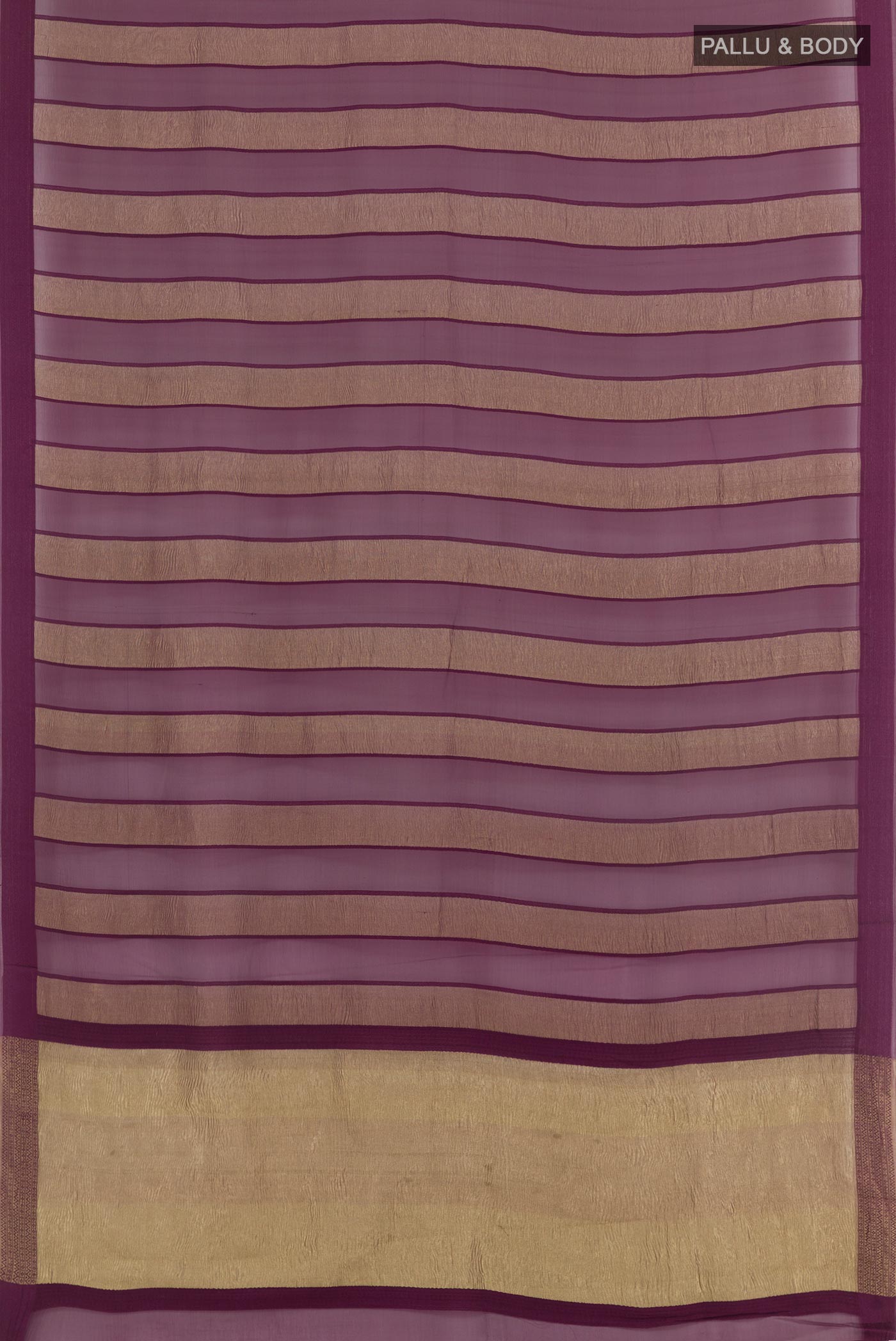 Flat view of Purple Mysore Chiffon Saree with Stripes on the body and Zari Border. 