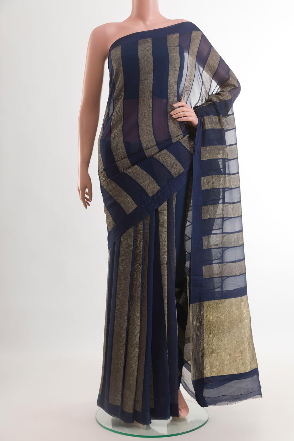 Navy Blue Mysore Chiffon Saree with Stripes on the body and Zari Border.  displayed on a mannequin