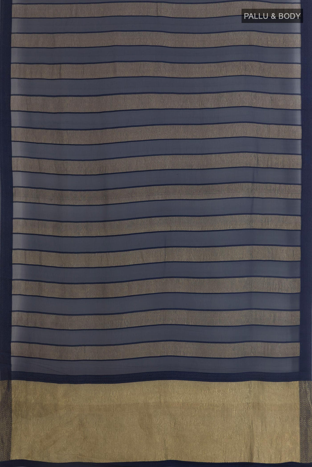Flat view of Navy Blue Mysore Chiffon Saree with Stripes on the body and Zari Border. 