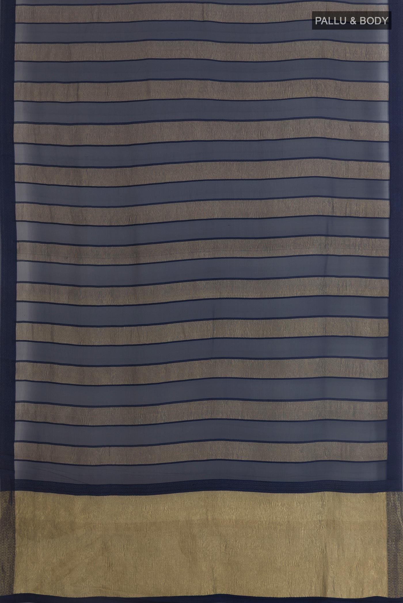 Flat view of Navy Blue Mysore Chiffon Saree with Stripes on the body and Zari Border. 