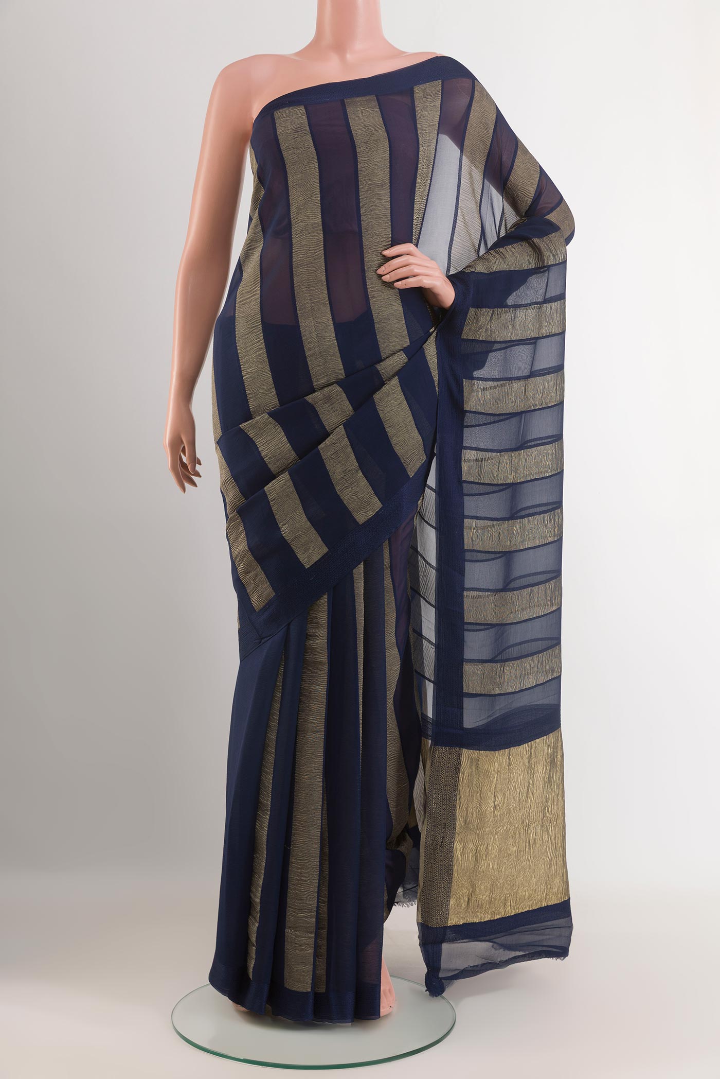 Blue Mysore Chiffon Saree with Stripes on the body and Zari Border.  displayed on a mannequin
