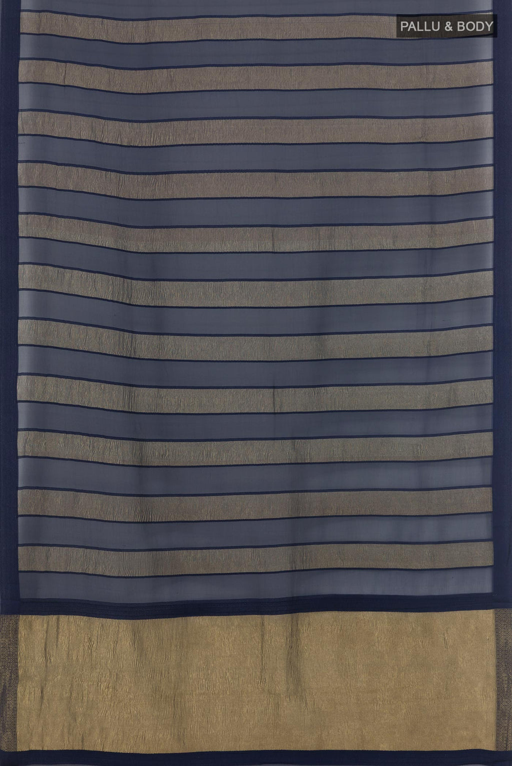 Flat view of Blue Mysore Chiffon Saree with Stripes on the body and Zari Border. 