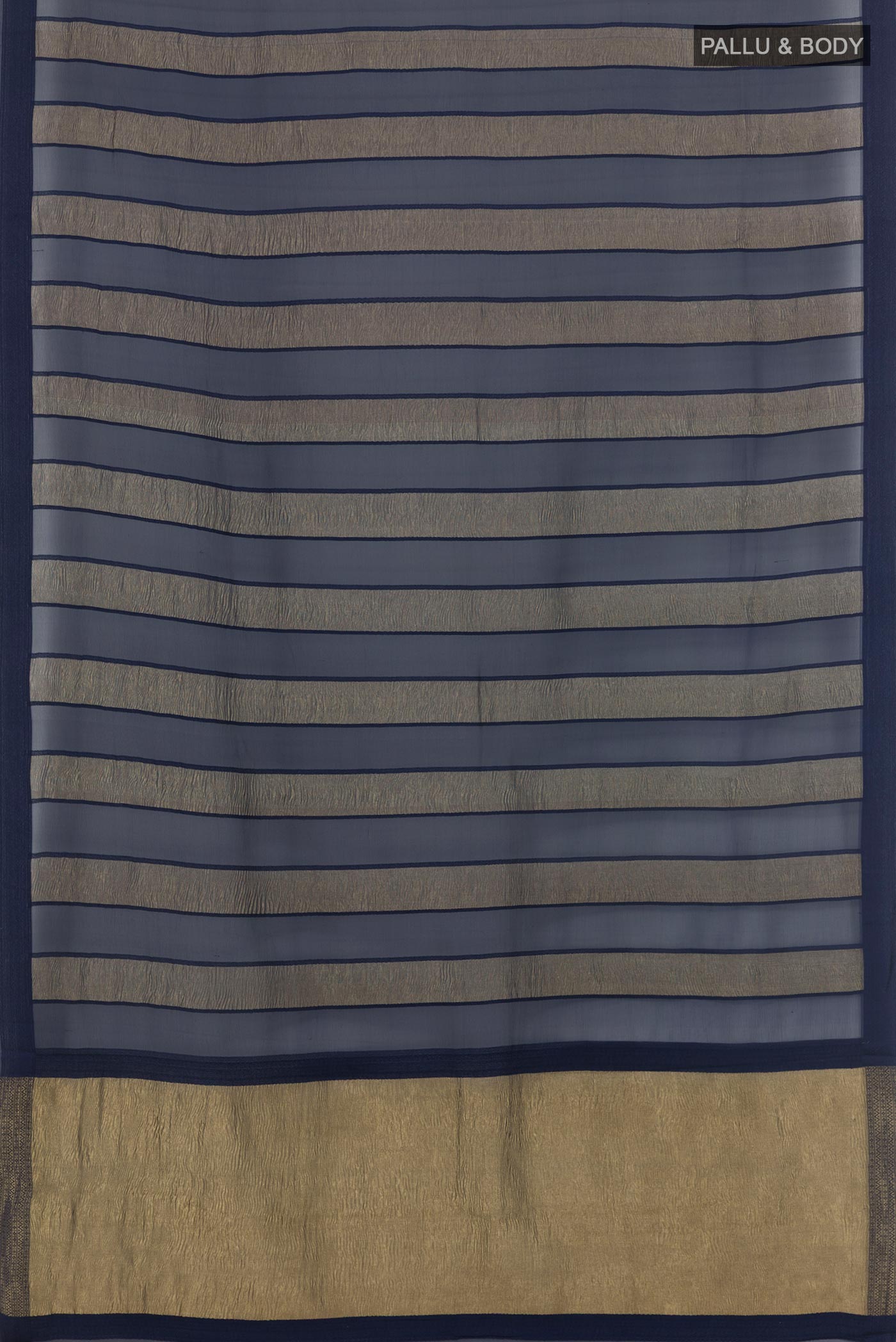 Flat view of Blue Mysore Chiffon Saree with Stripes on the body and Zari Border. 