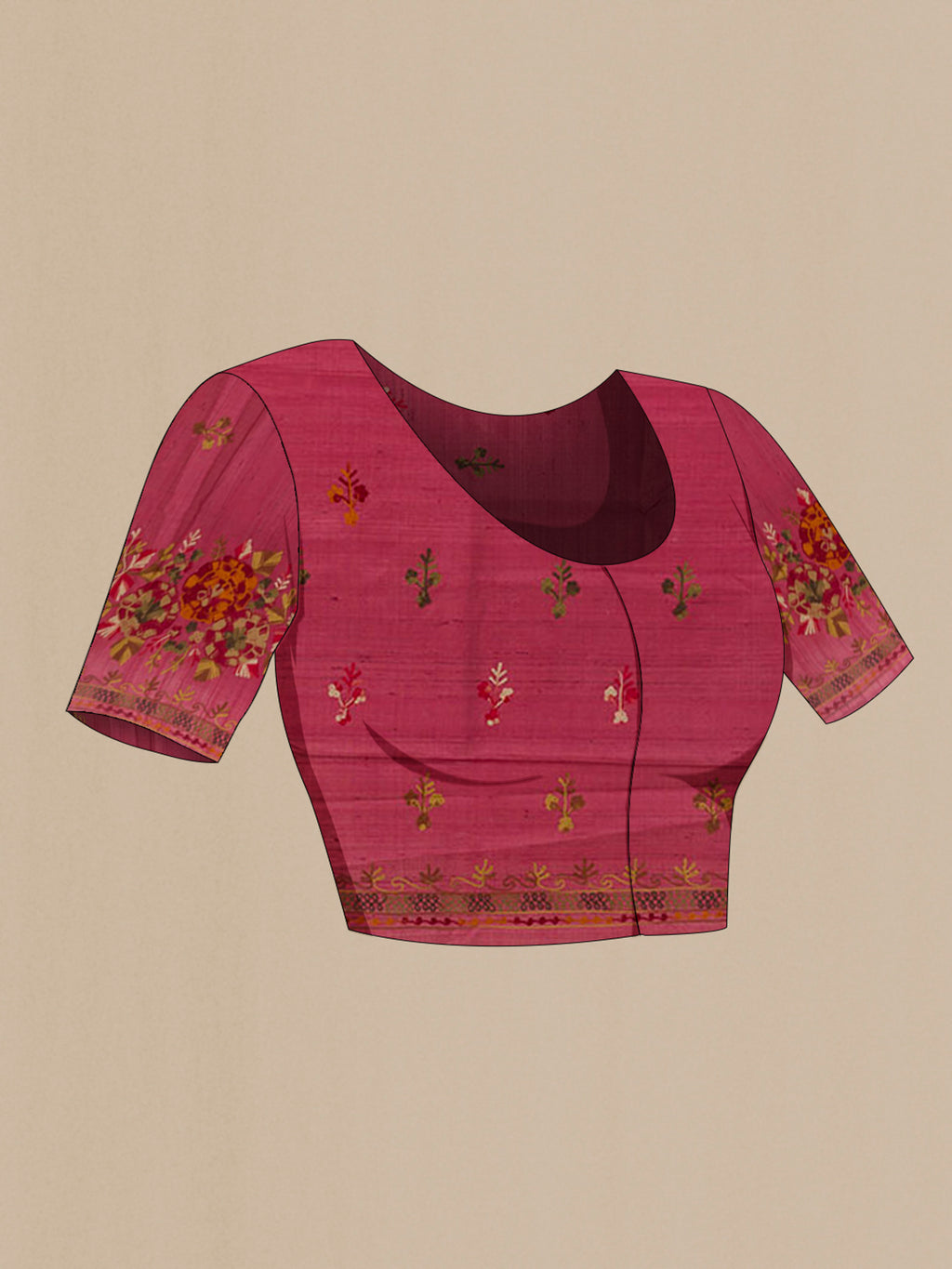 Close up image of the blouse of Red Tussar Saree with Embroidery on the body and Embroidery Border. 