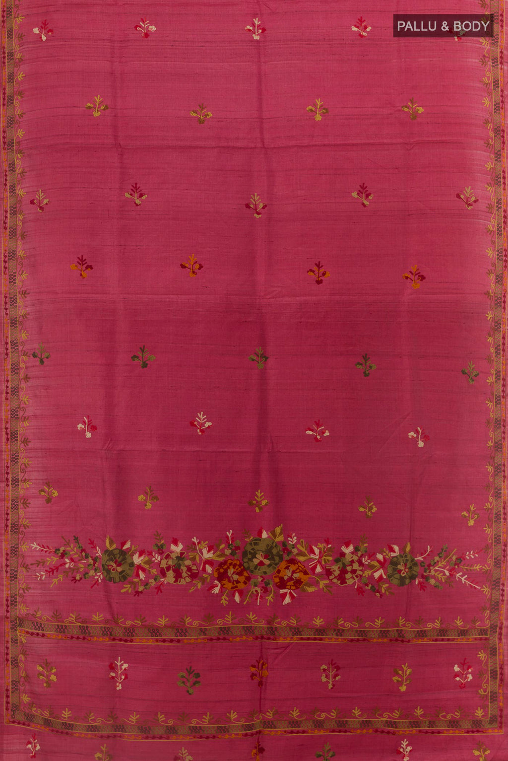 Flat view of Red Tussar Saree with Embroidery on the body and Embroidery Border. 
