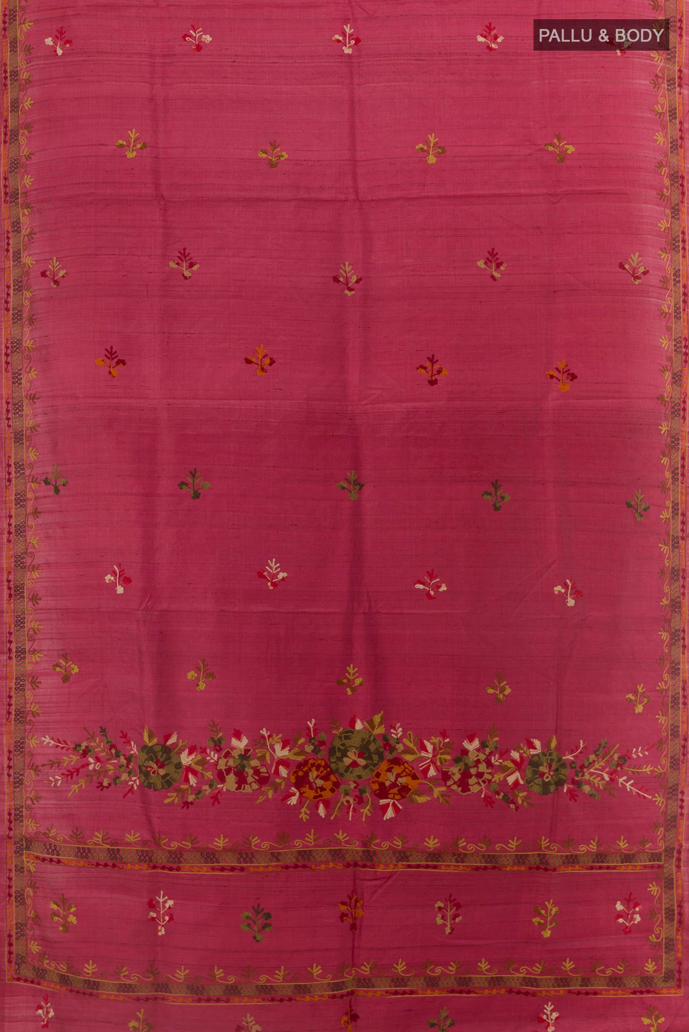 Flat view of Red Tussar Saree with Embroidery on the body and Embroidery Border. 