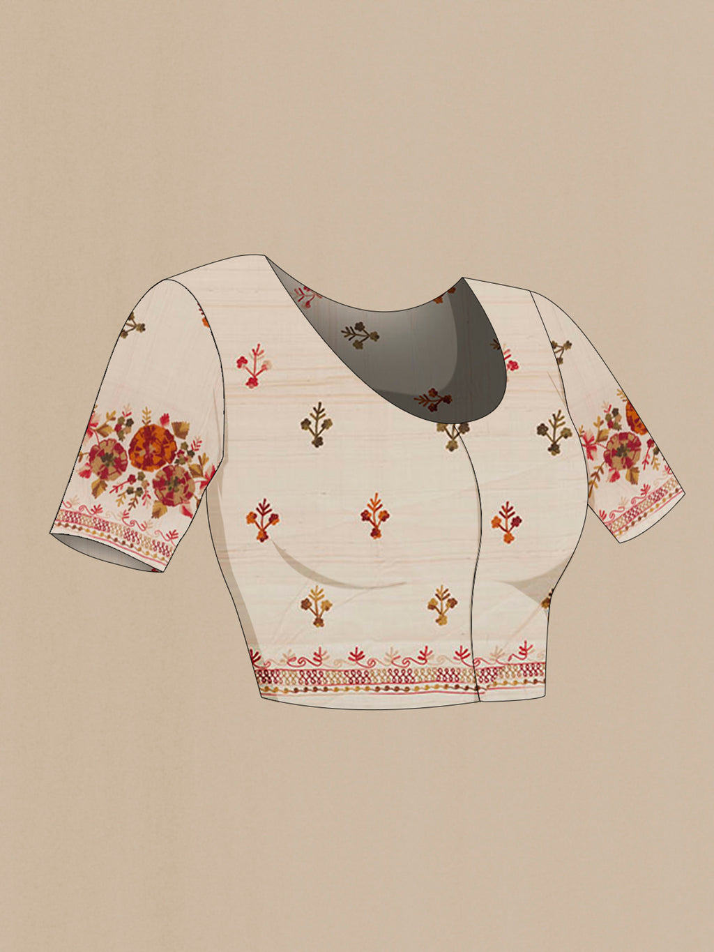 Close up image of the blouse of Off White Tussar Saree with Embroidery on the body and Embroidery Border. 