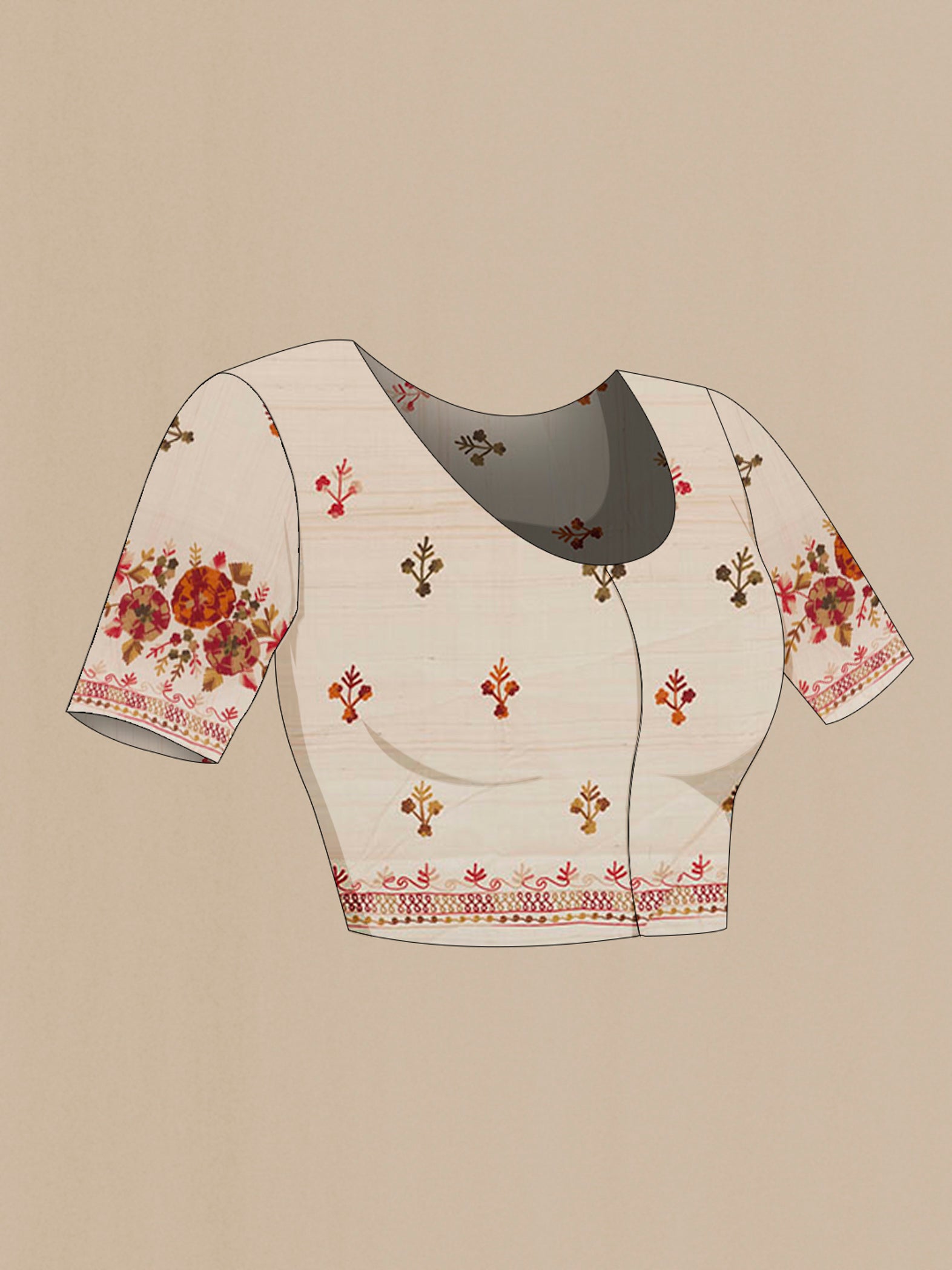 Close up image of the blouse of Off White Tussar Saree with Embroidery on the body and Embroidery Border. 
