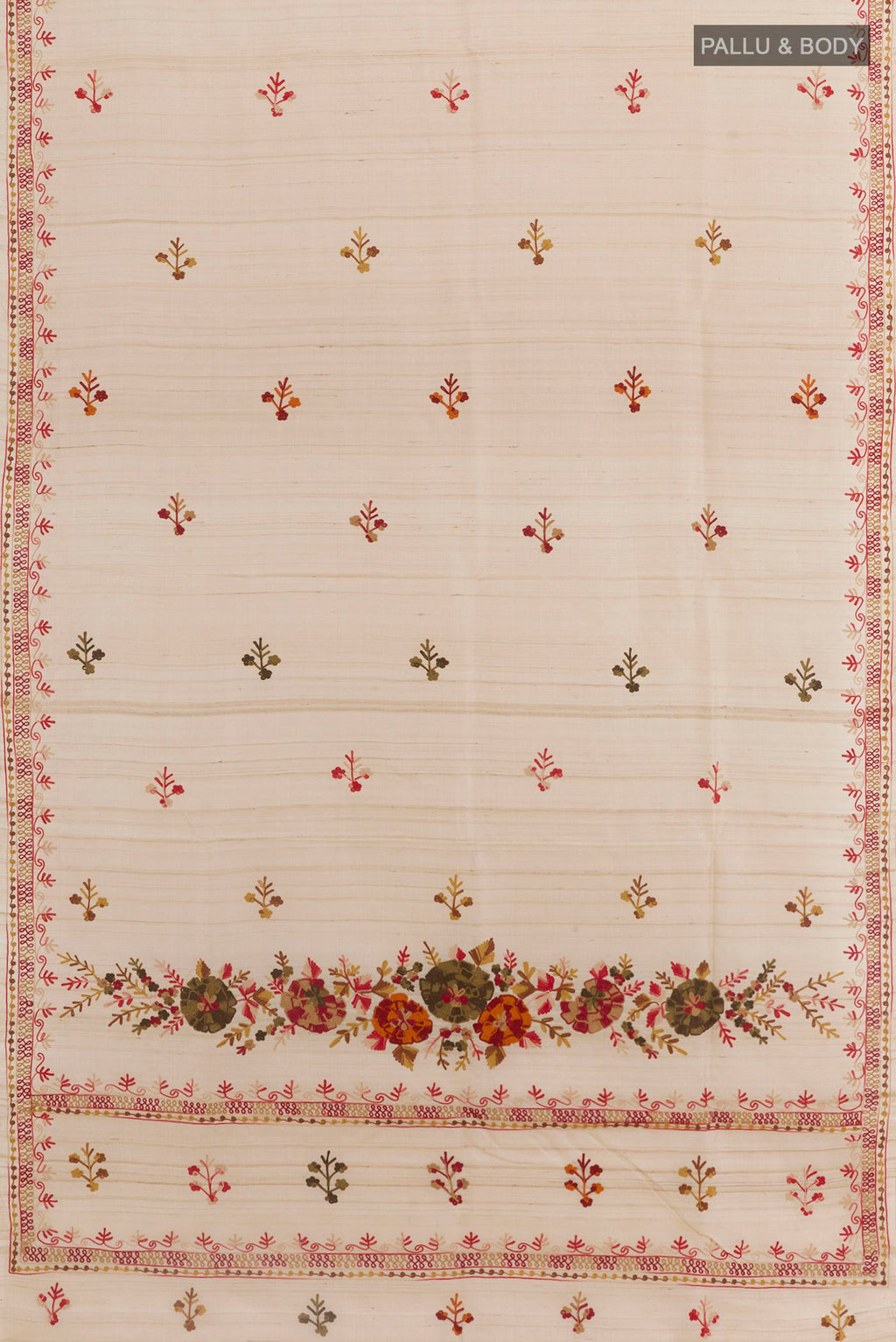 Flat view of Off White Tussar Saree with Embroidery on the body and Embroidery Border. 