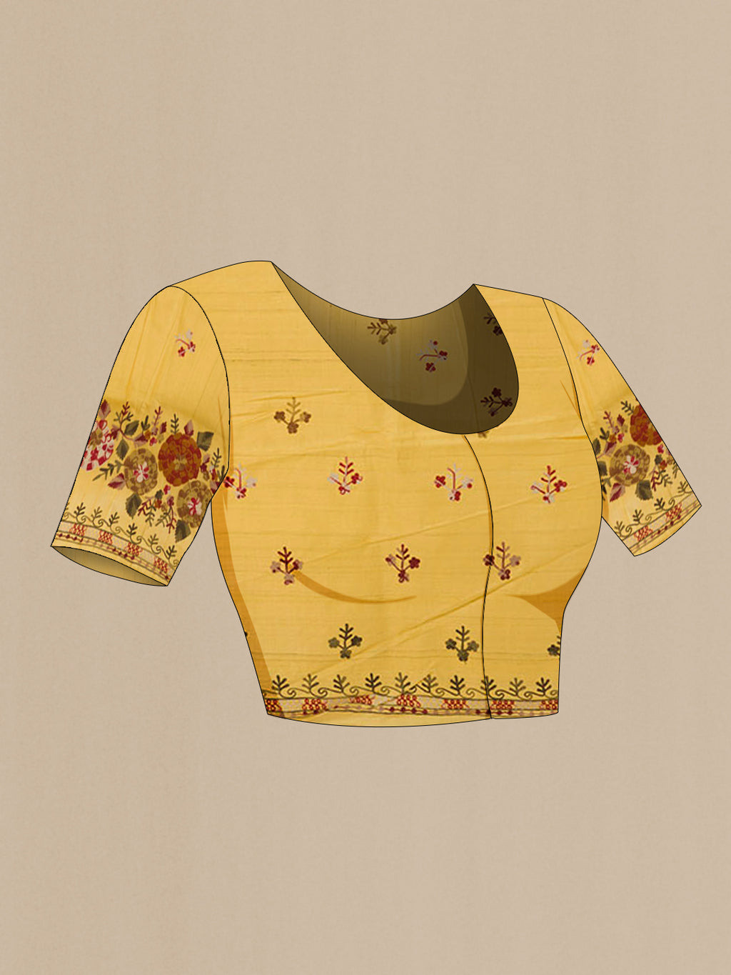 Close up image of the blouse of Yellow Tussar Saree with Embroidery on the body and Embroidery Border. 