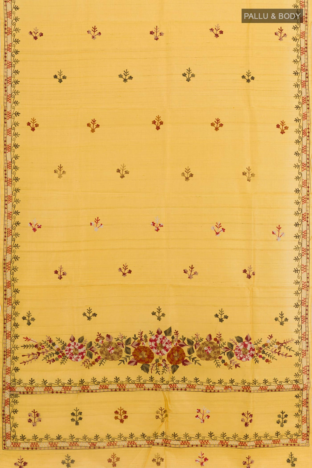Flat view of Yellow Tussar Saree with Embroidery on the body and Embroidery Border. 