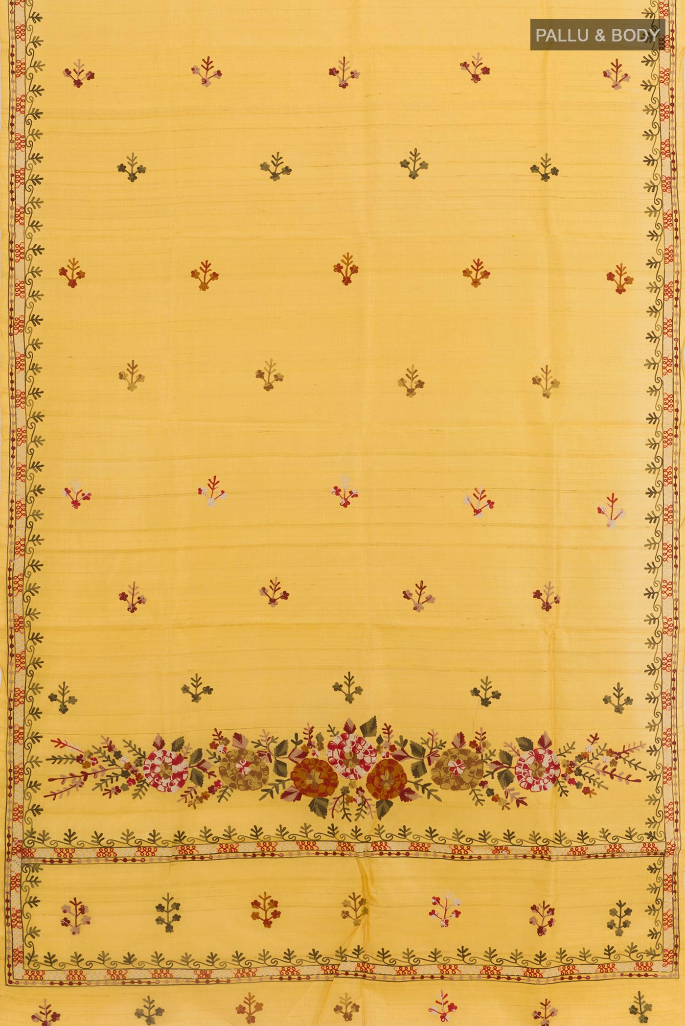 Flat view of Yellow Tussar Saree with Embroidery on the body and Embroidery Border. 