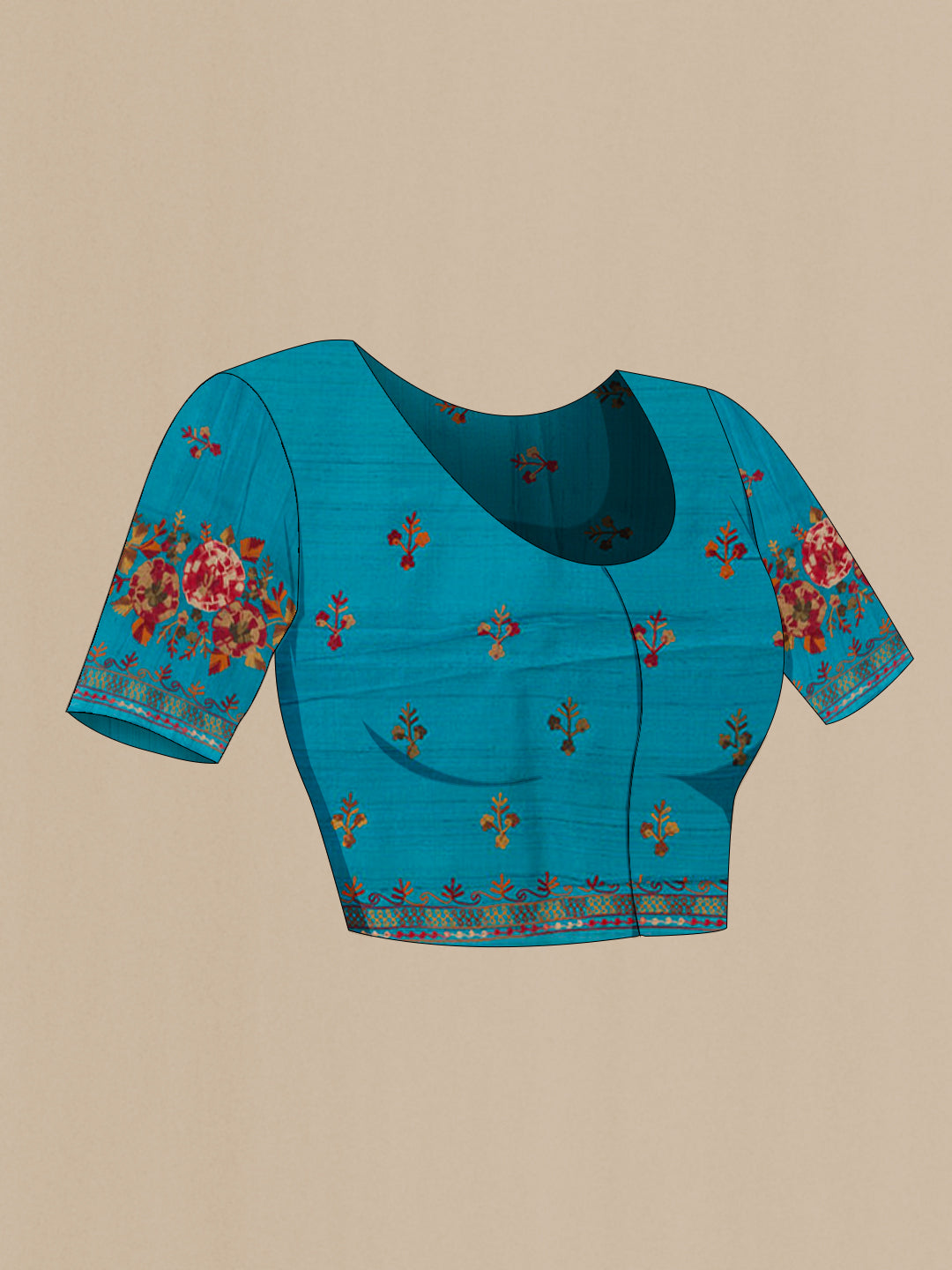 Close up image of the blouse of Blue Tussar Saree with Embroidery on the body and Embroidery Border. 