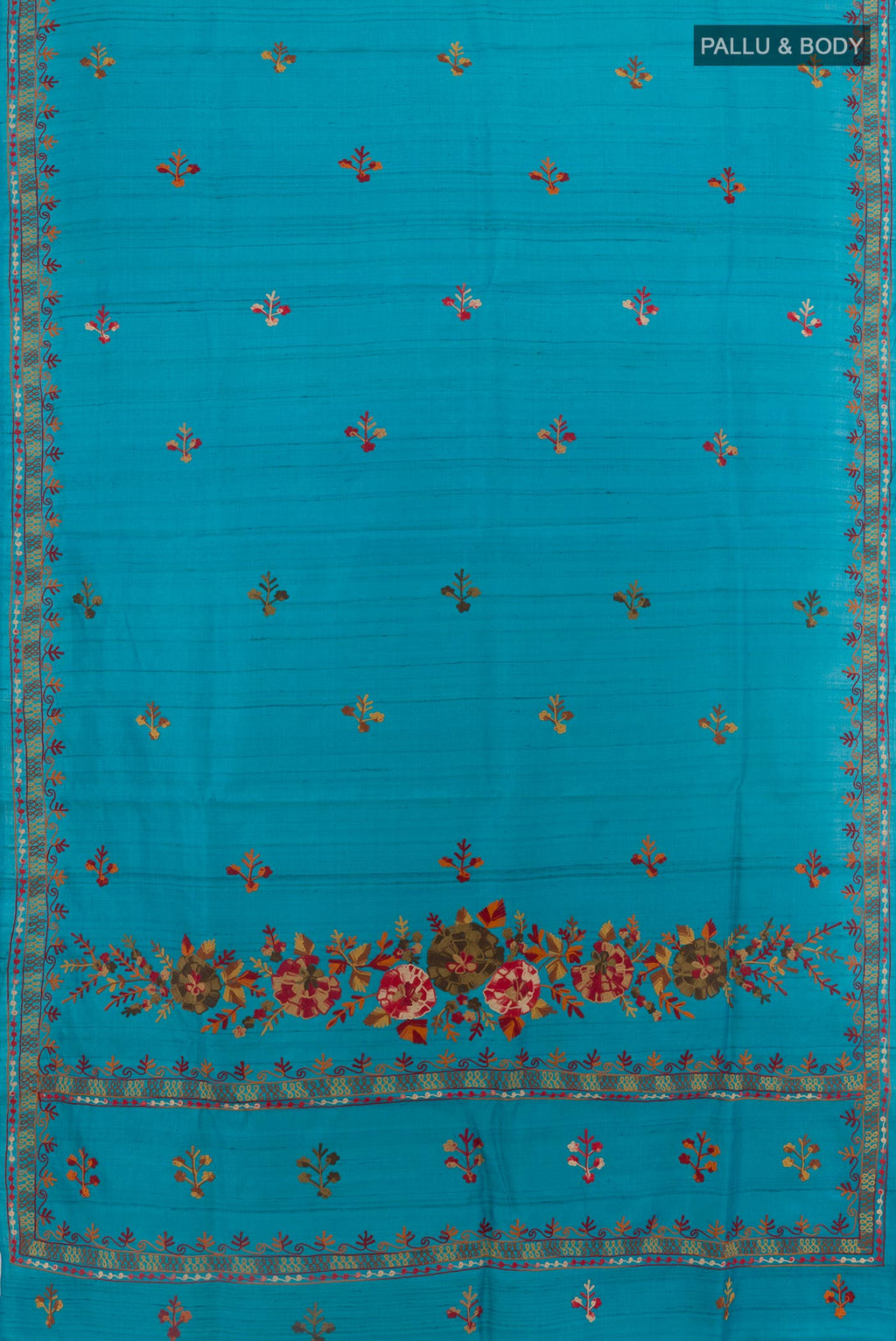 Flat view of Blue Tussar Saree with Embroidery on the body and Embroidery Border. 