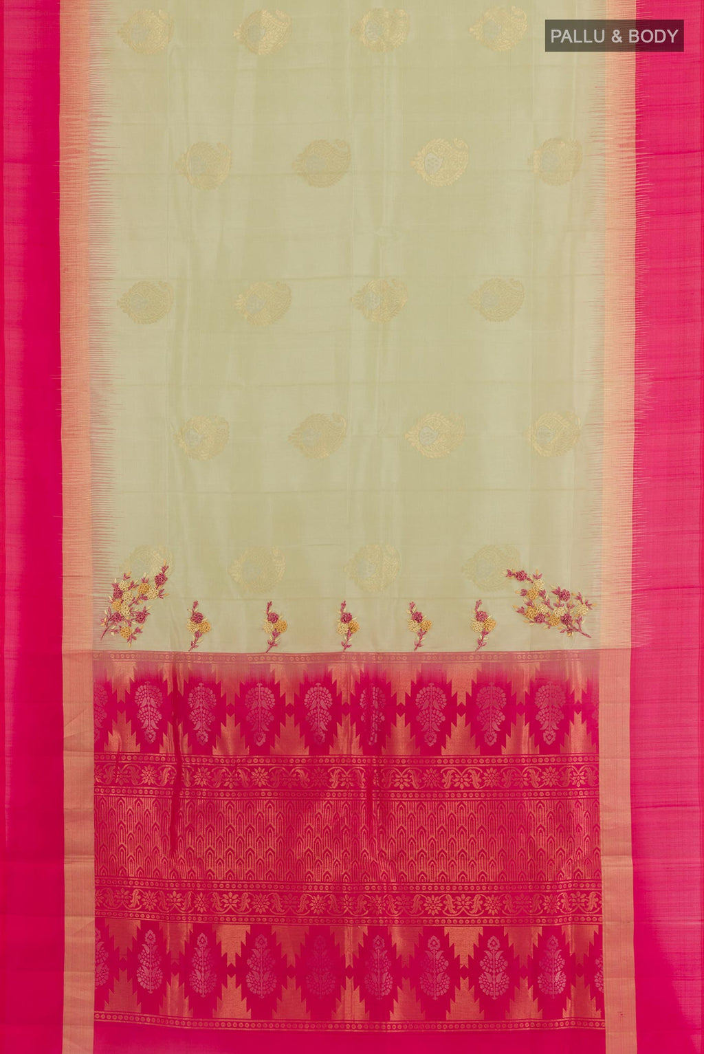 Flat view of Cream Soft Silk Saree with Zari Butta on the body and Zari Border. 