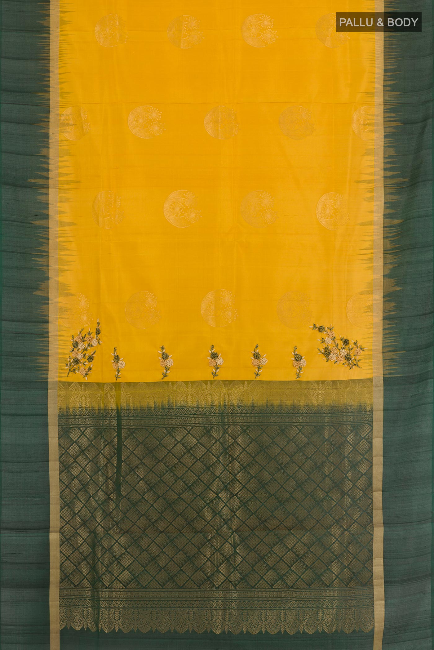 Flat view of Yellow Soft Silk Saree with Zari Butta on the body and Zari Border. 