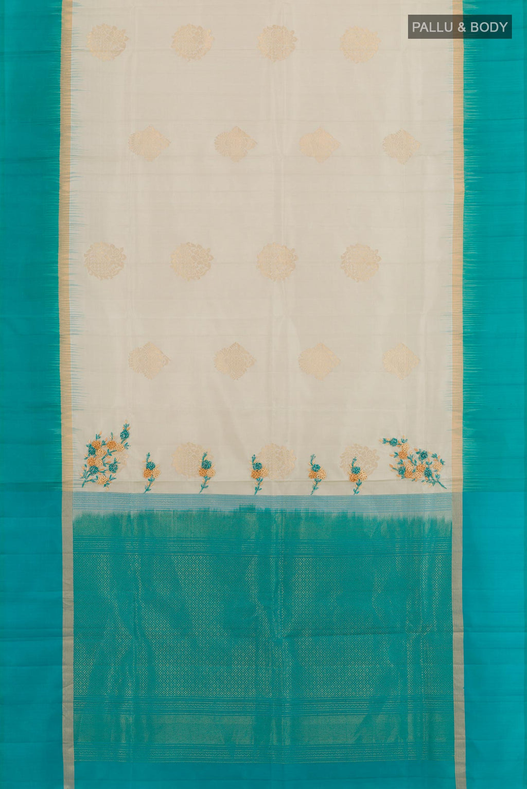 Flat view of Grey Soft Silk Saree with Zari Butta on the body and Zari Border. 