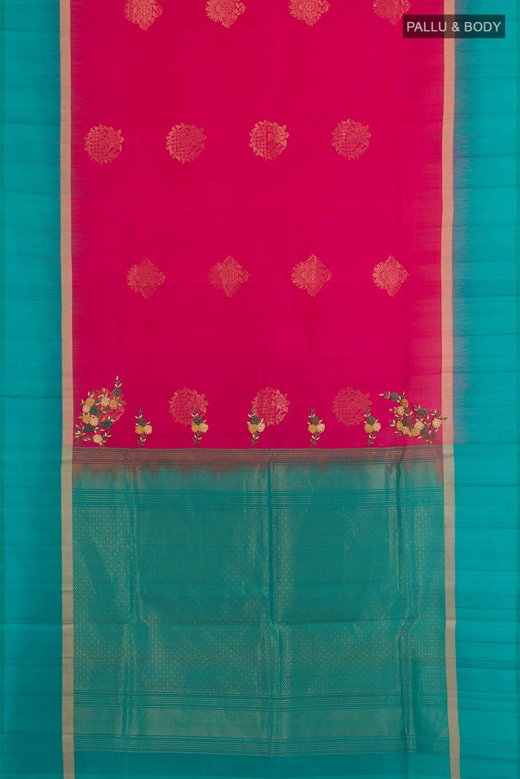 Flat view of Pink Soft Silk Saree with Zari Butta on the body and Zari Border. 