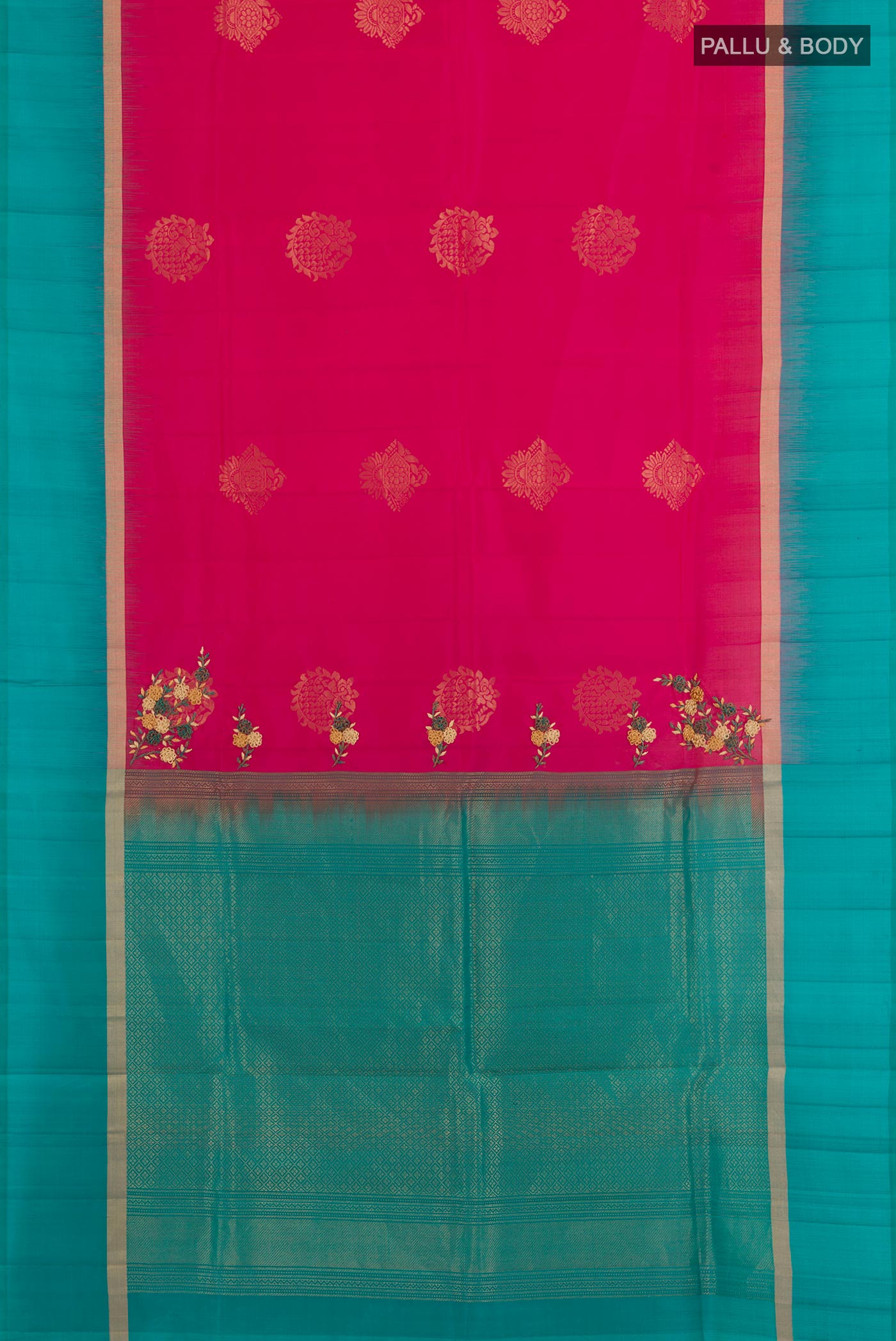Flat view of Pink Soft Silk Saree with Zari Butta on the body and Zari Border. 
