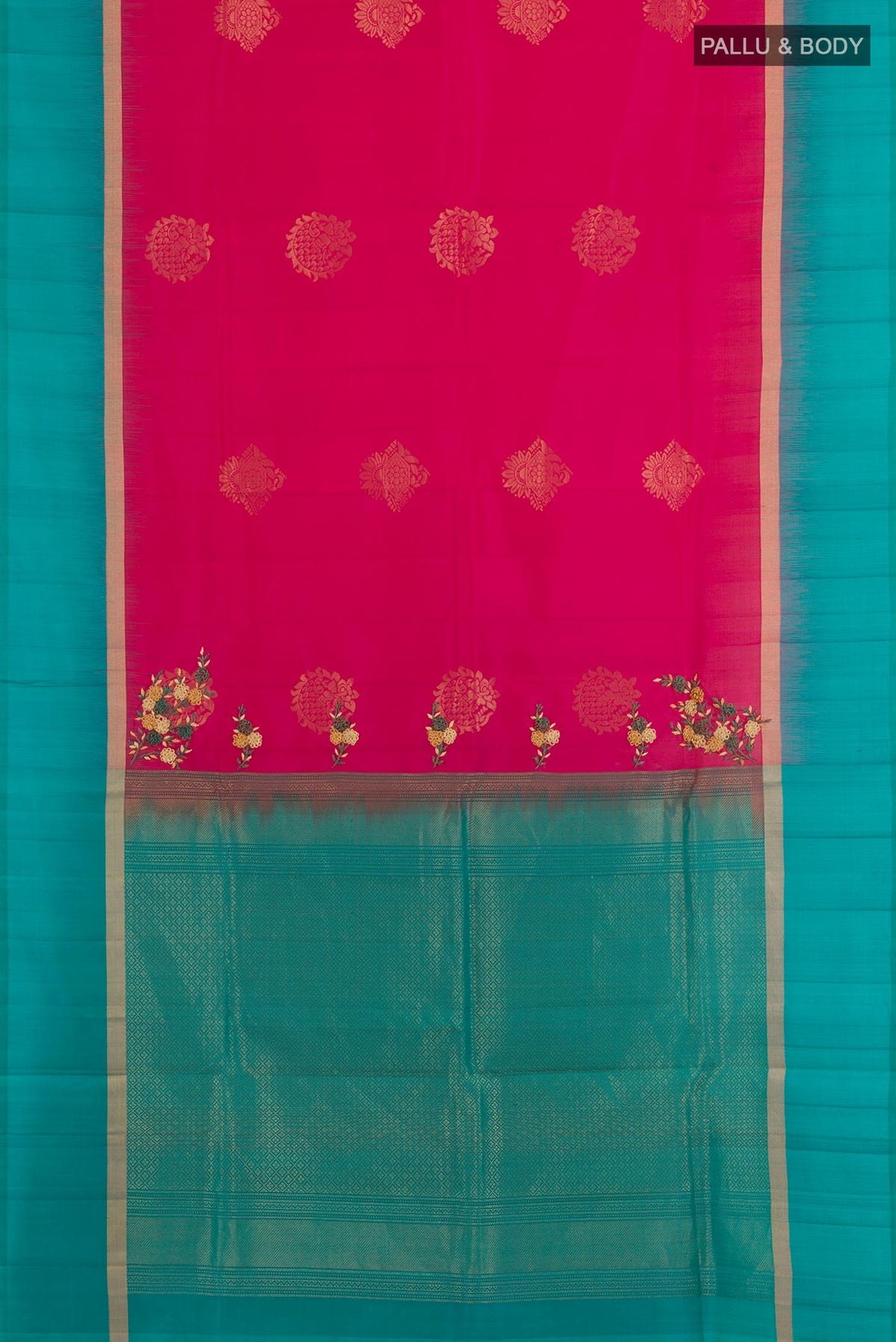 Flat view of Pink Soft Silk Saree with Zari Butta on the body and Zari Border. 