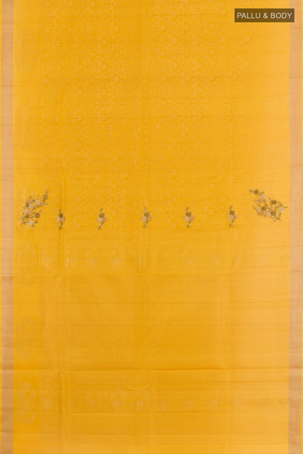 Flat view of Yellow Soft Silk Saree with Embroidery on the body and Zari Border. 
