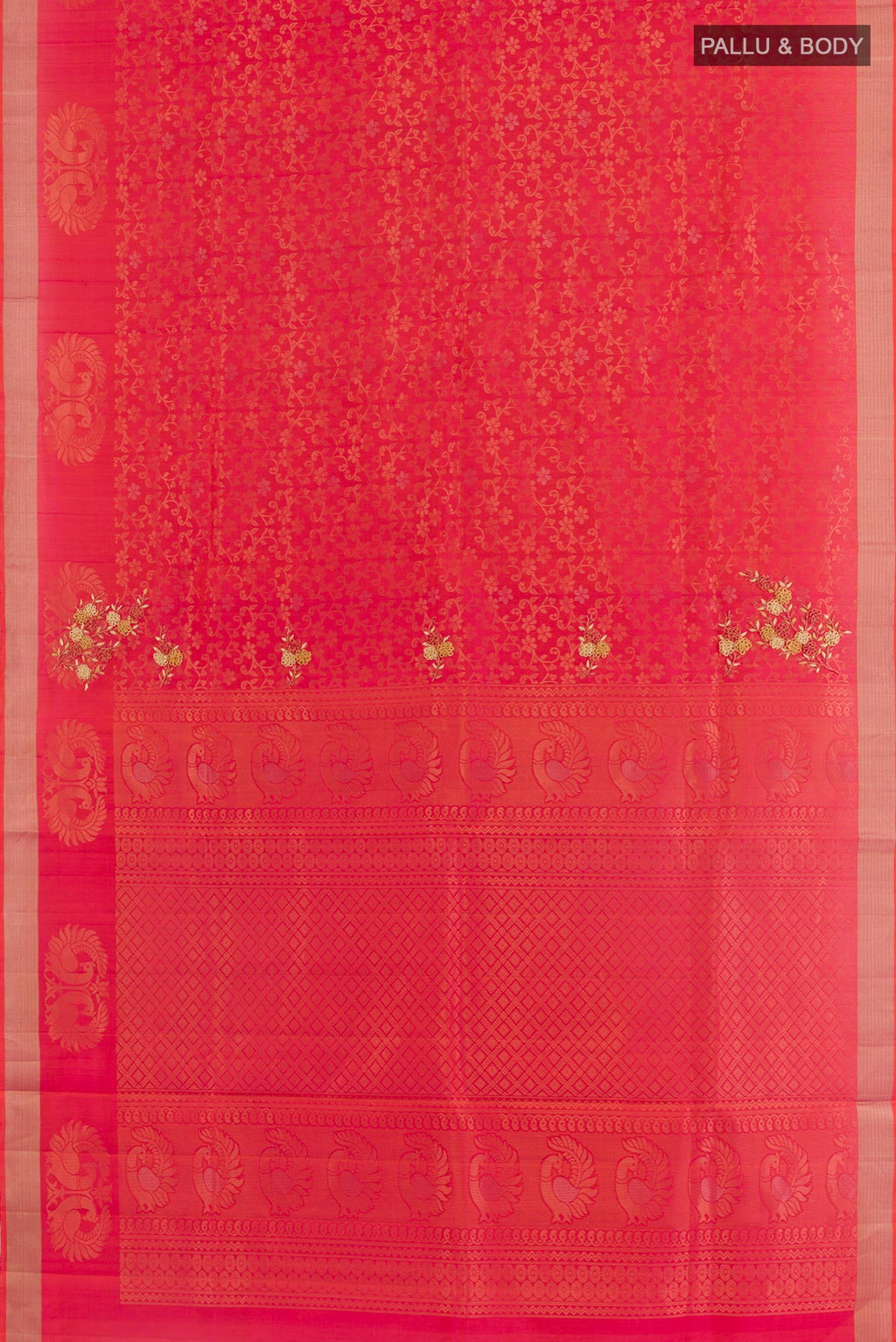 Flat view of Pink Soft Silk Saree with Embroidery on the body and Zari Border. 
