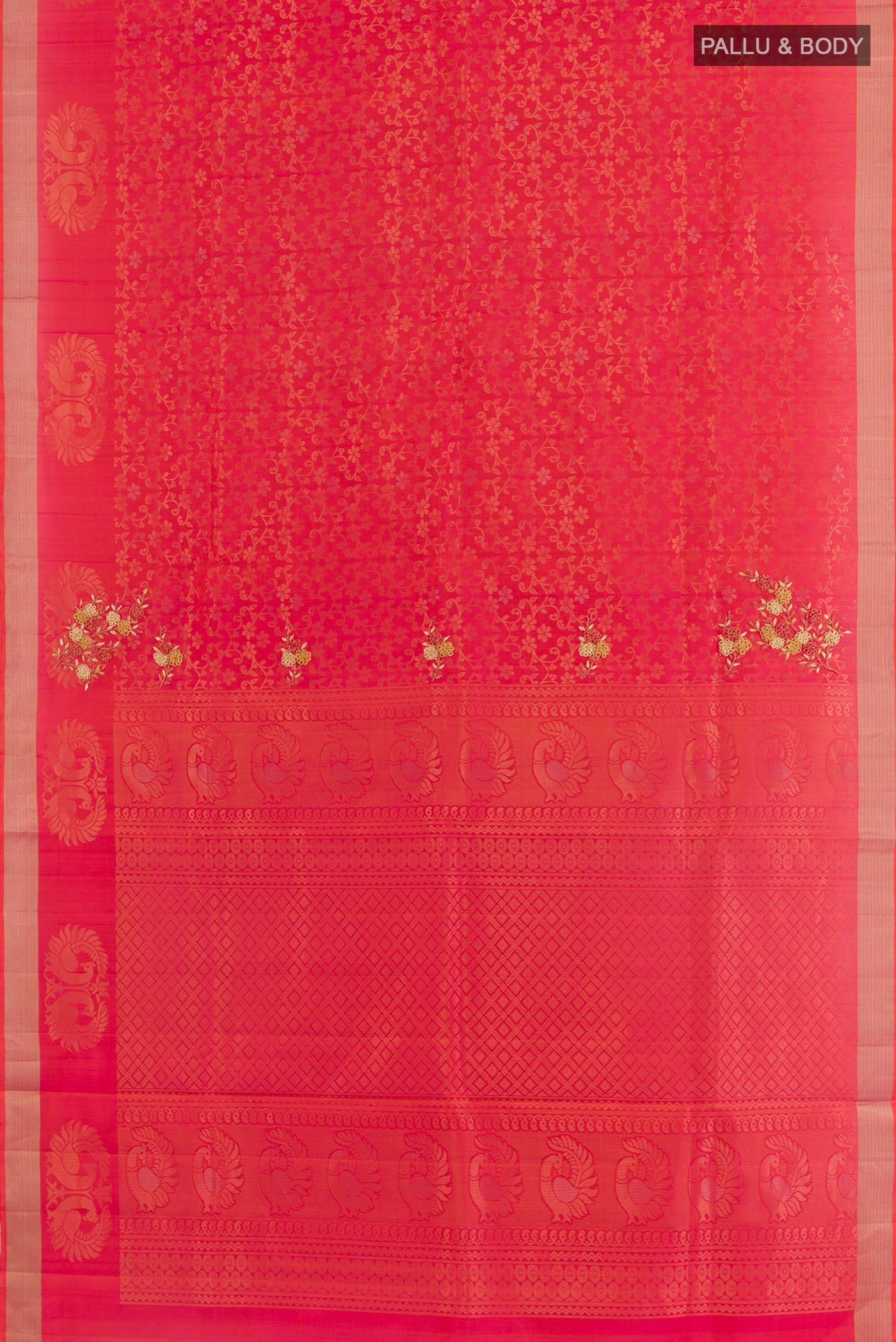 Flat view of Pink Soft Silk Saree with Embroidery on the body and Zari Border. 