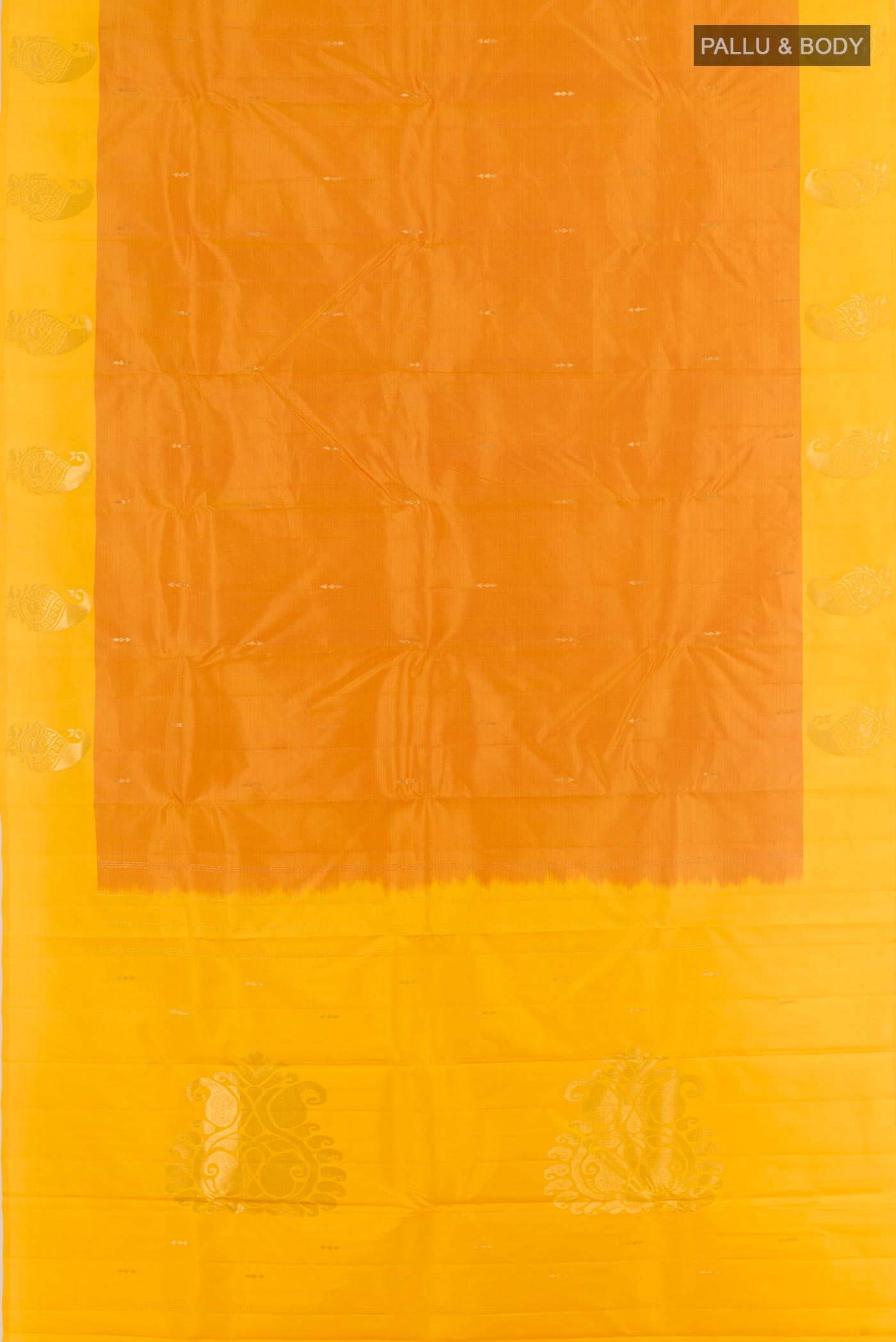 Flat view of Mustard Kanchipuram Silk Saree with Zari Butta on the body and Zari Border. 