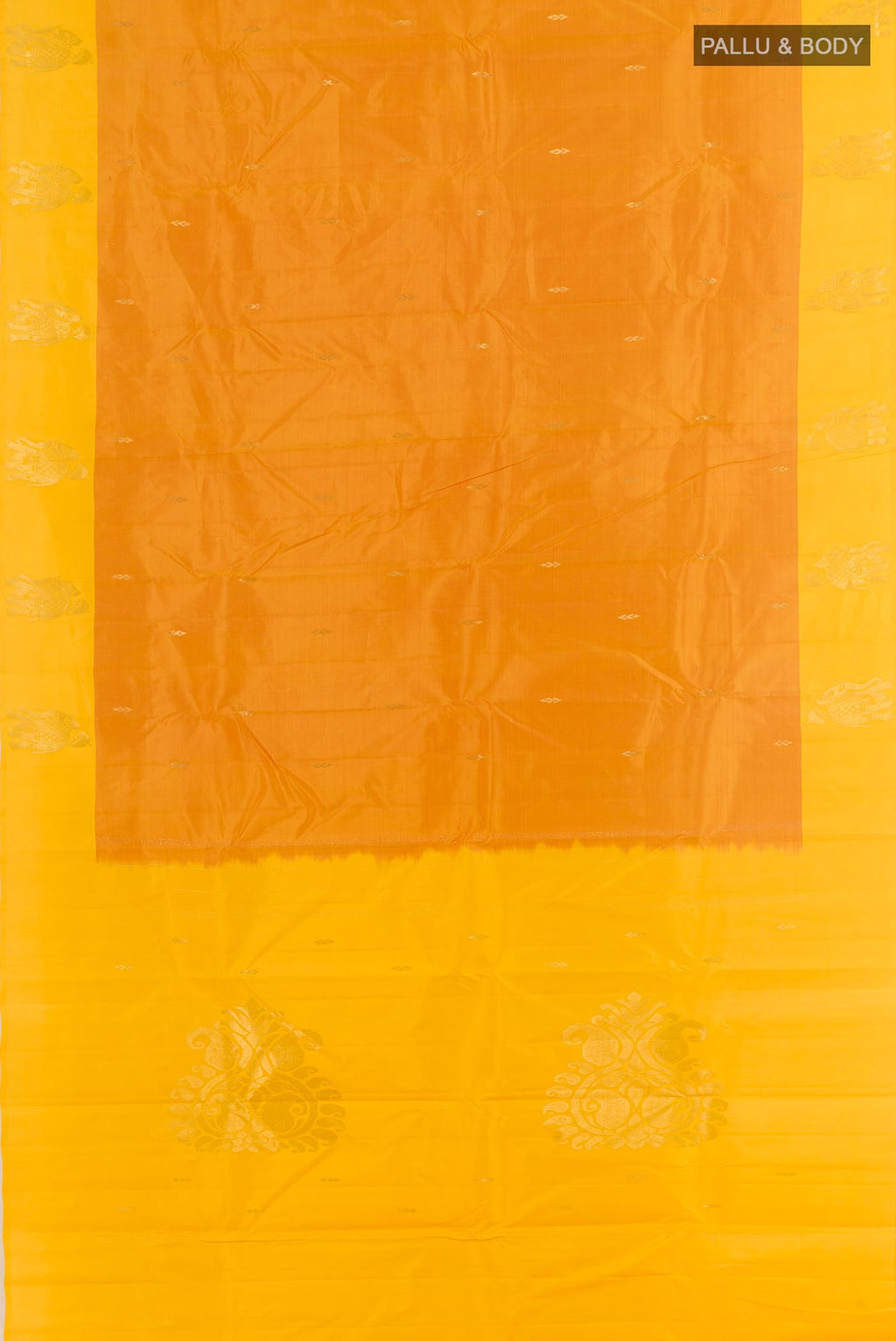Flat view of Yellow Kanchipuram Silk Saree with Zari Butta on the body and Zari Border. 