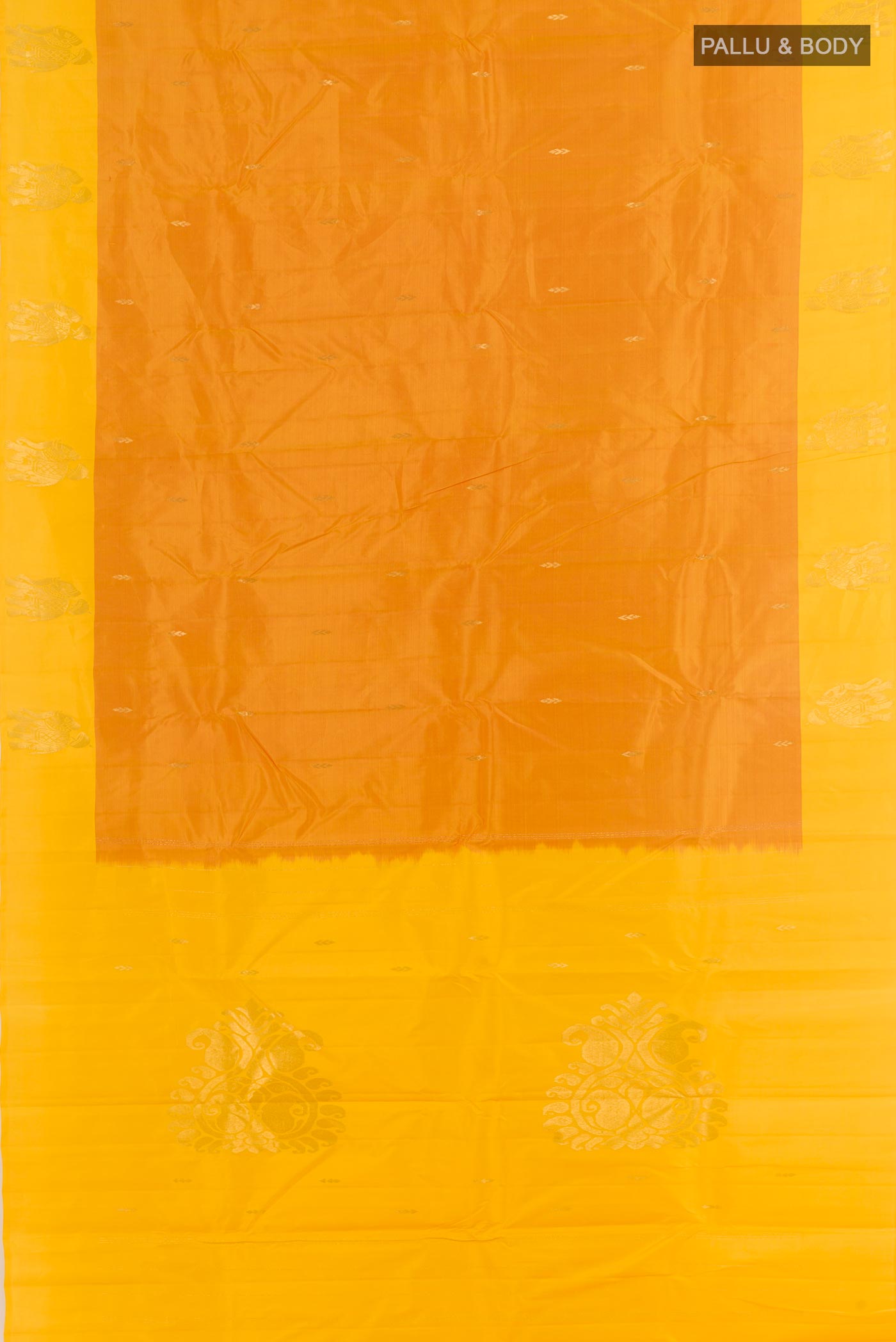 Flat view of Yellow Kanchipuram Silk Saree with Zari Butta on the body and Zari Border. 
