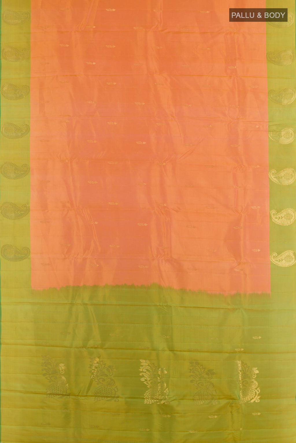 Flat view of Orange Kanchipuram Silk Saree with Zari Butta on the body and Zari Border. 