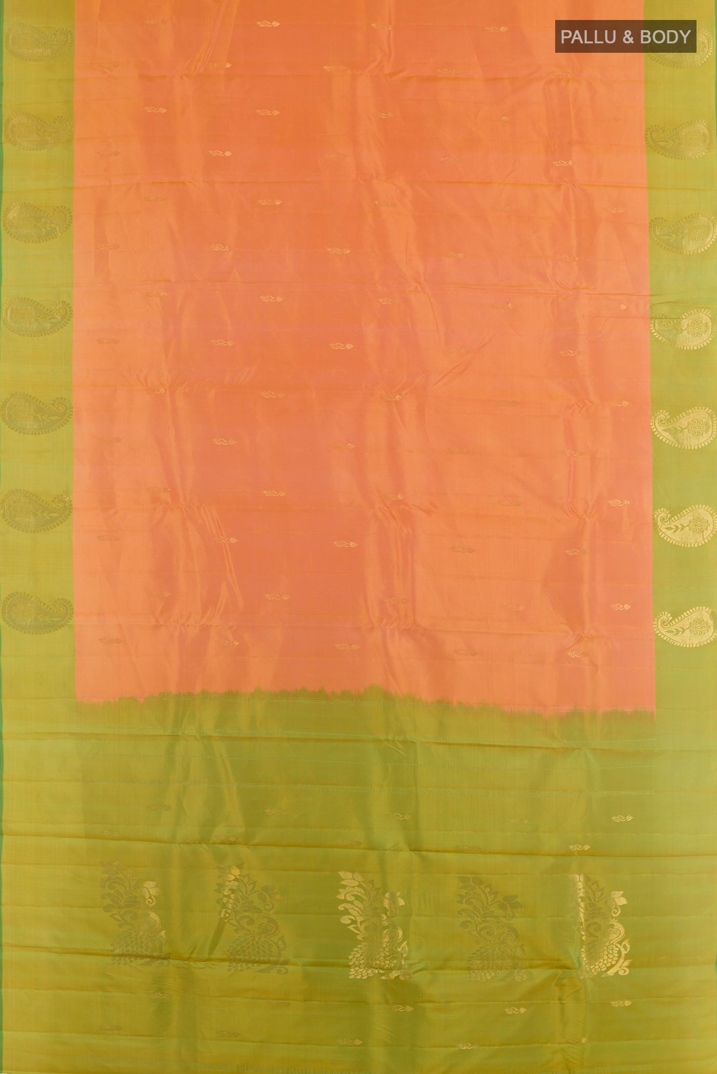 Flat view of Orange Kanchipuram Silk Saree with Zari Butta on the body and Zari Border. 