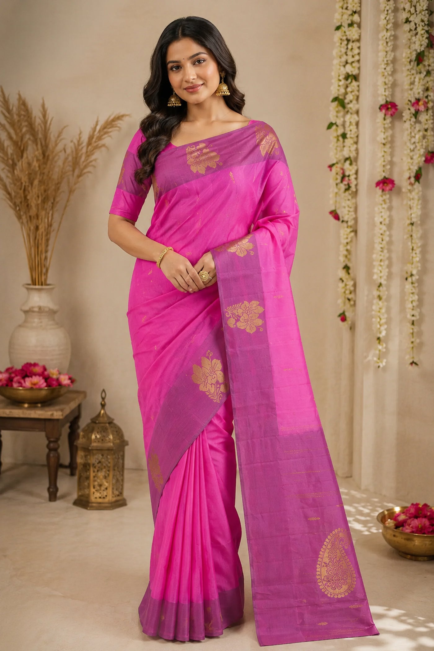 Model wearing a Pink Kanchipuram Silk Saree with Zari Butta on the body and Zari Border.