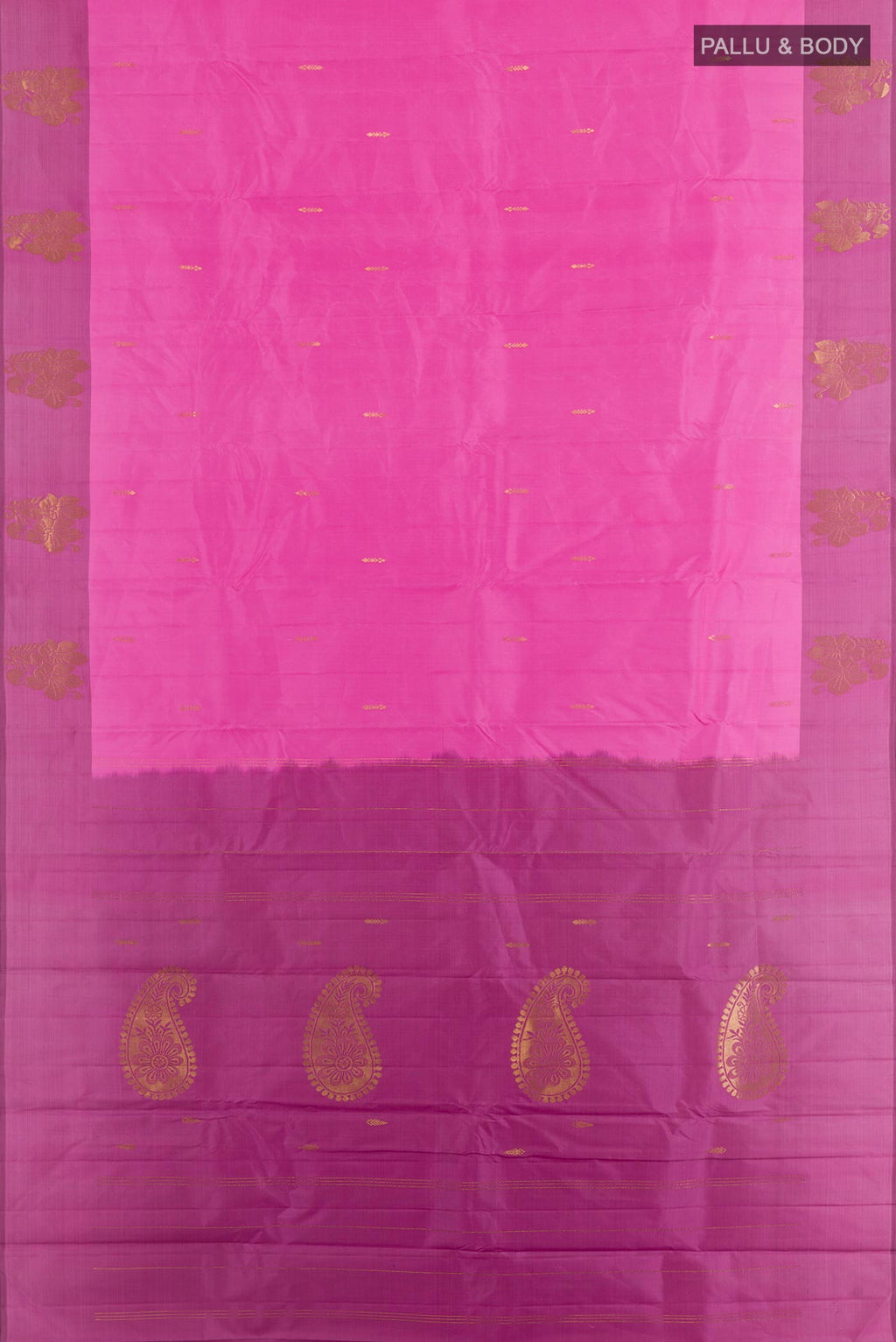 Flat view of Pink Kanchipuram Silk Saree with Zari Butta on the body and Zari Border. 