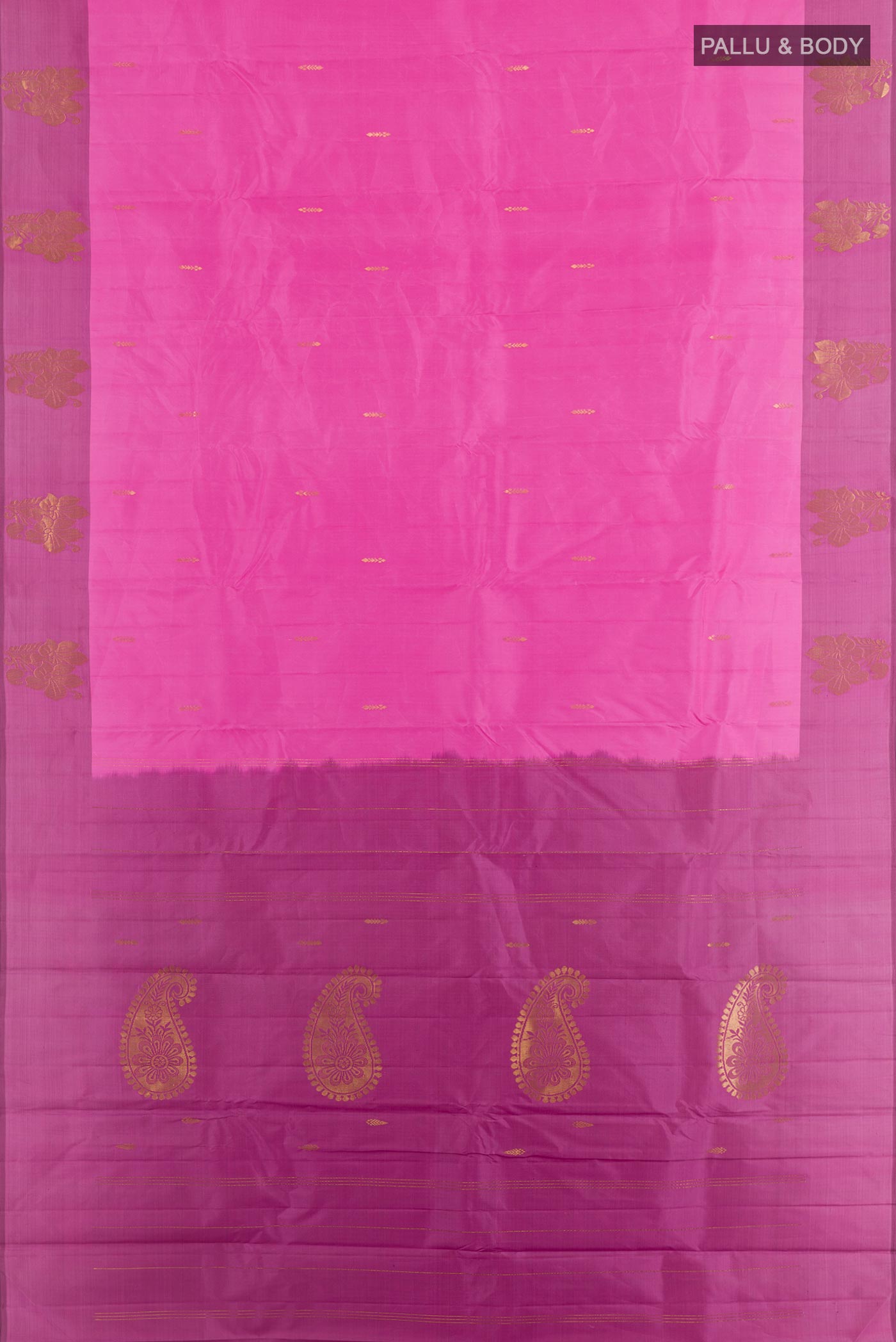 Flat view of Pink Kanchipuram Silk Saree with Zari Butta on the body and Zari Border. 