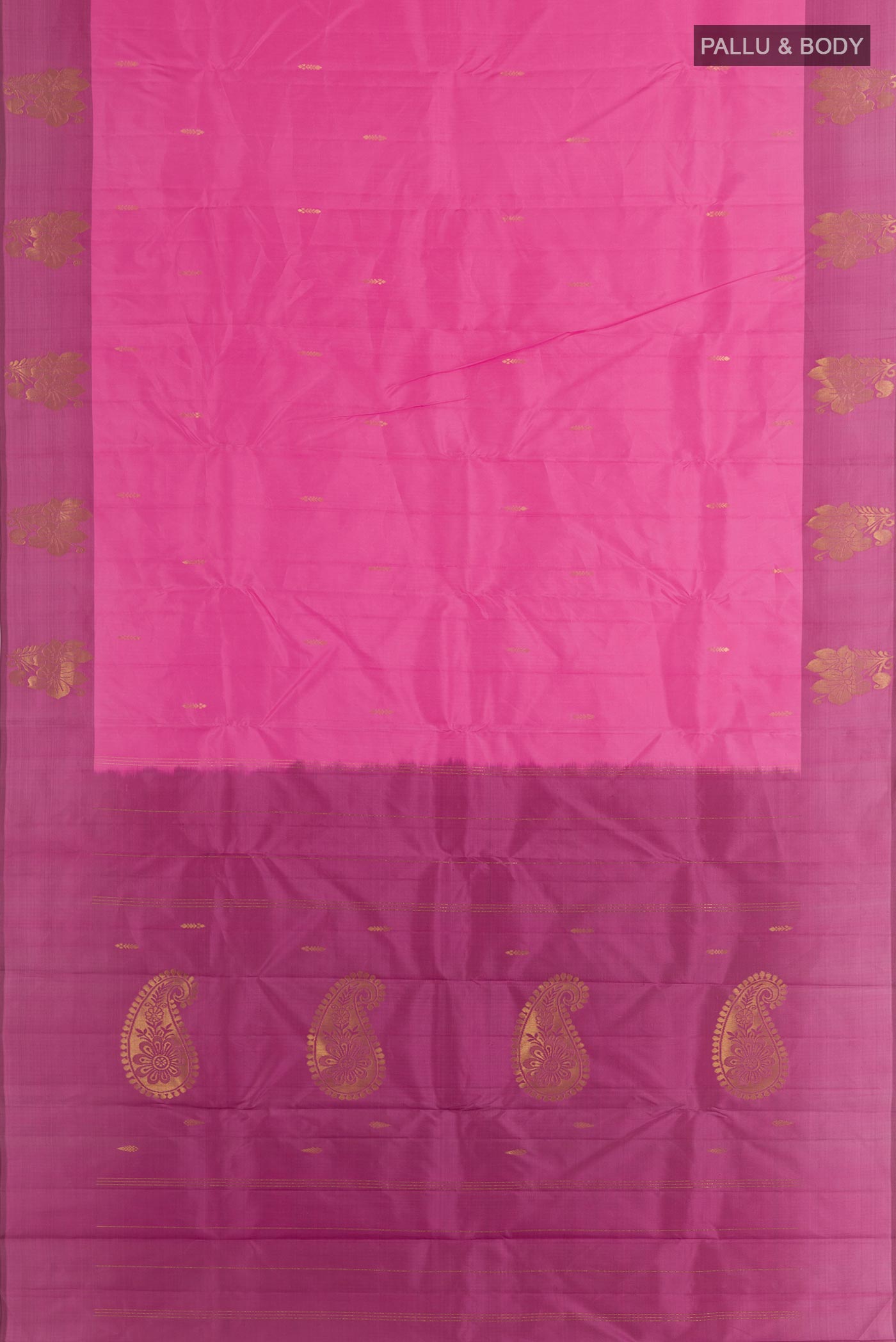 Flat view of Pink Kanchipuram Silk Saree with Zari Butta on the body and Zari Border. 