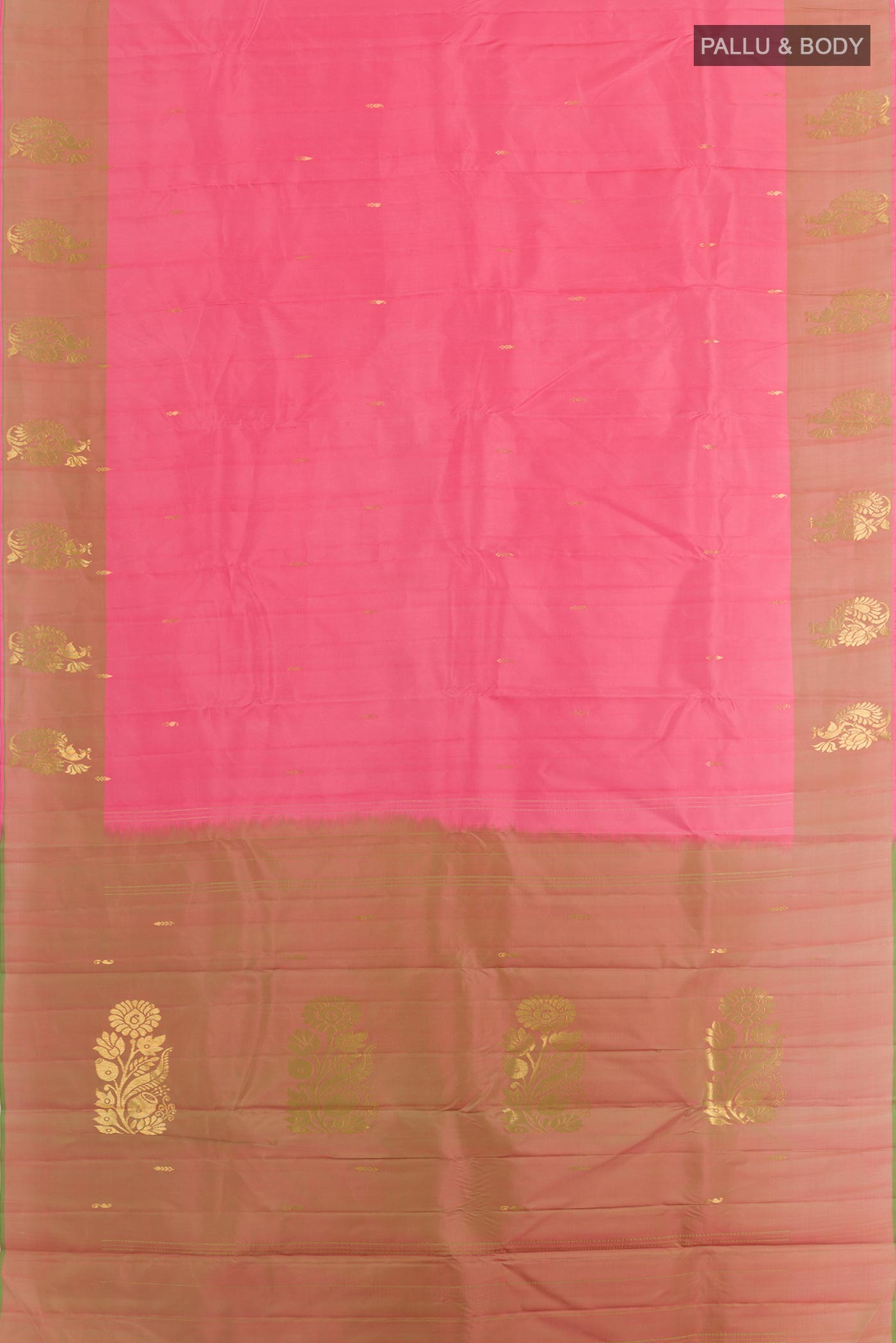 Flat view of Pink Kanchipuram Silk Saree with Zari Butta on the body and Zari Border. 