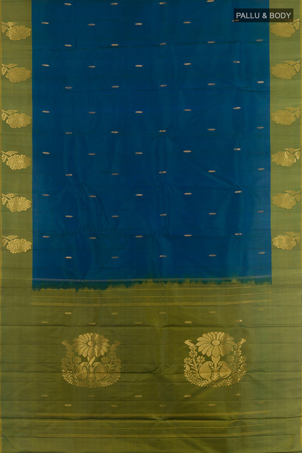 Flat view of Blue Kanchipuram Silk Saree with Zari Butta on the body and Zari Border. 