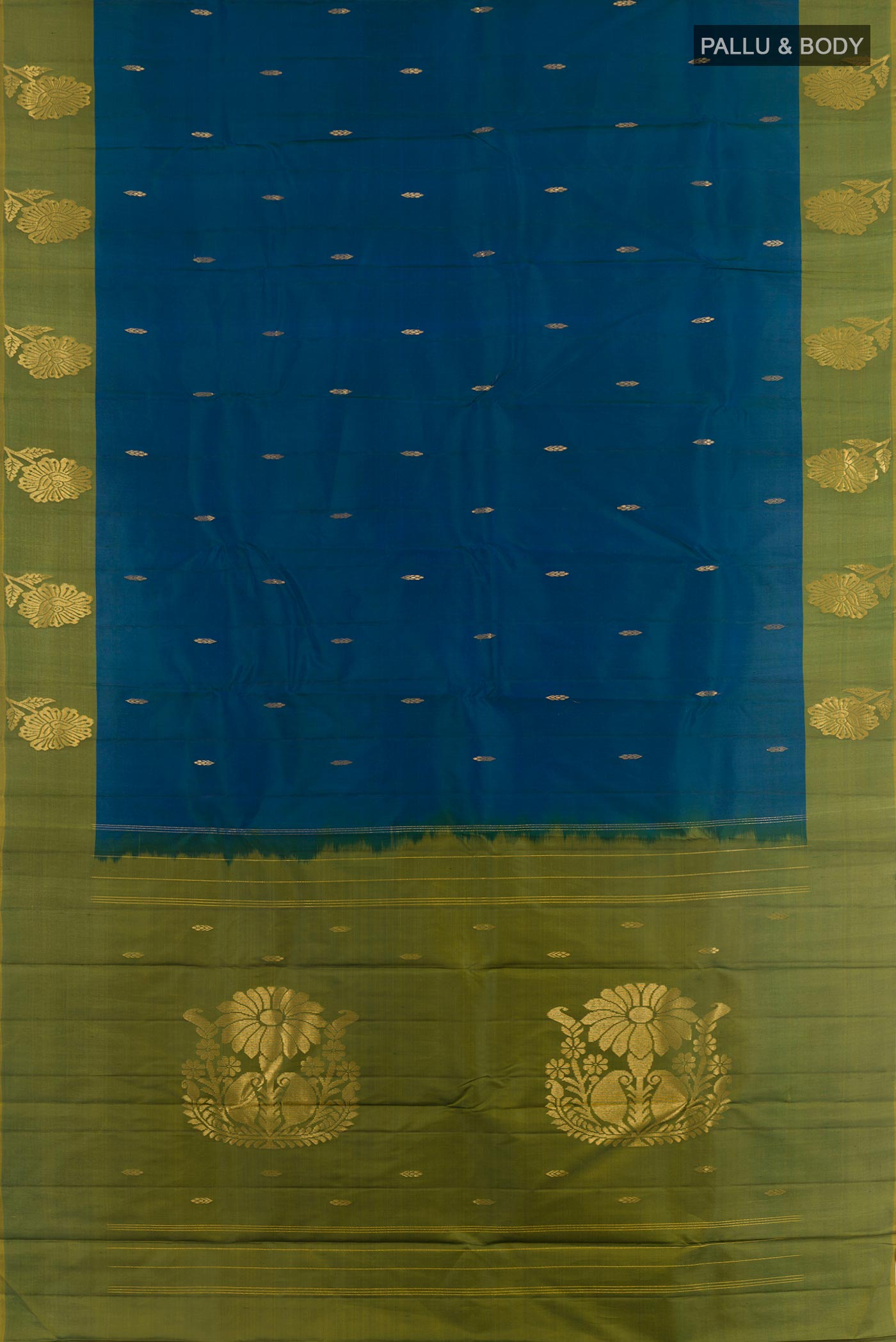 Flat view of Blue Kanchipuram Silk Saree with Zari Butta on the body and Zari Border. 